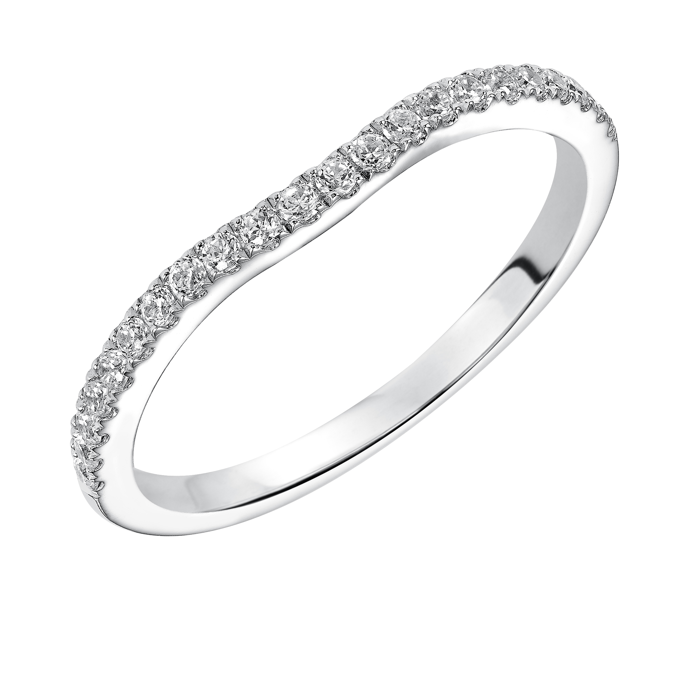 Wedding band with pave set, round diamonds and curved design to fit flush with matching engagement ring.