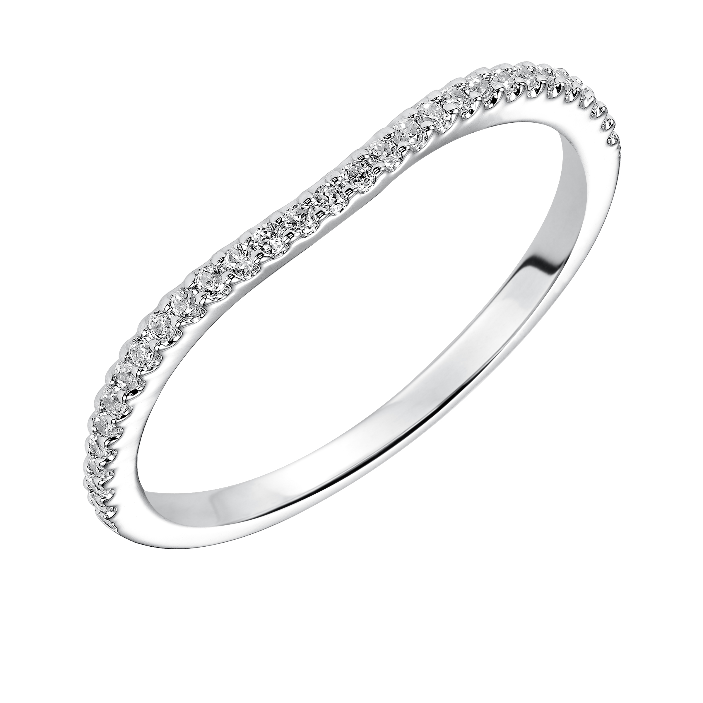 Wedding band with shared prong set, round diamonds and curved design to fit flush with matching engagement ring.