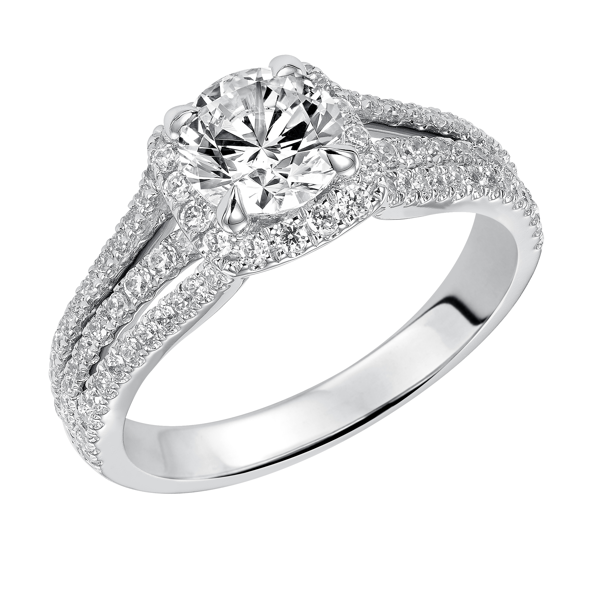 Dazzling with its three row diamond prong set band and single halo to accentuate the round center diamond this engagement ring will surely make a statement