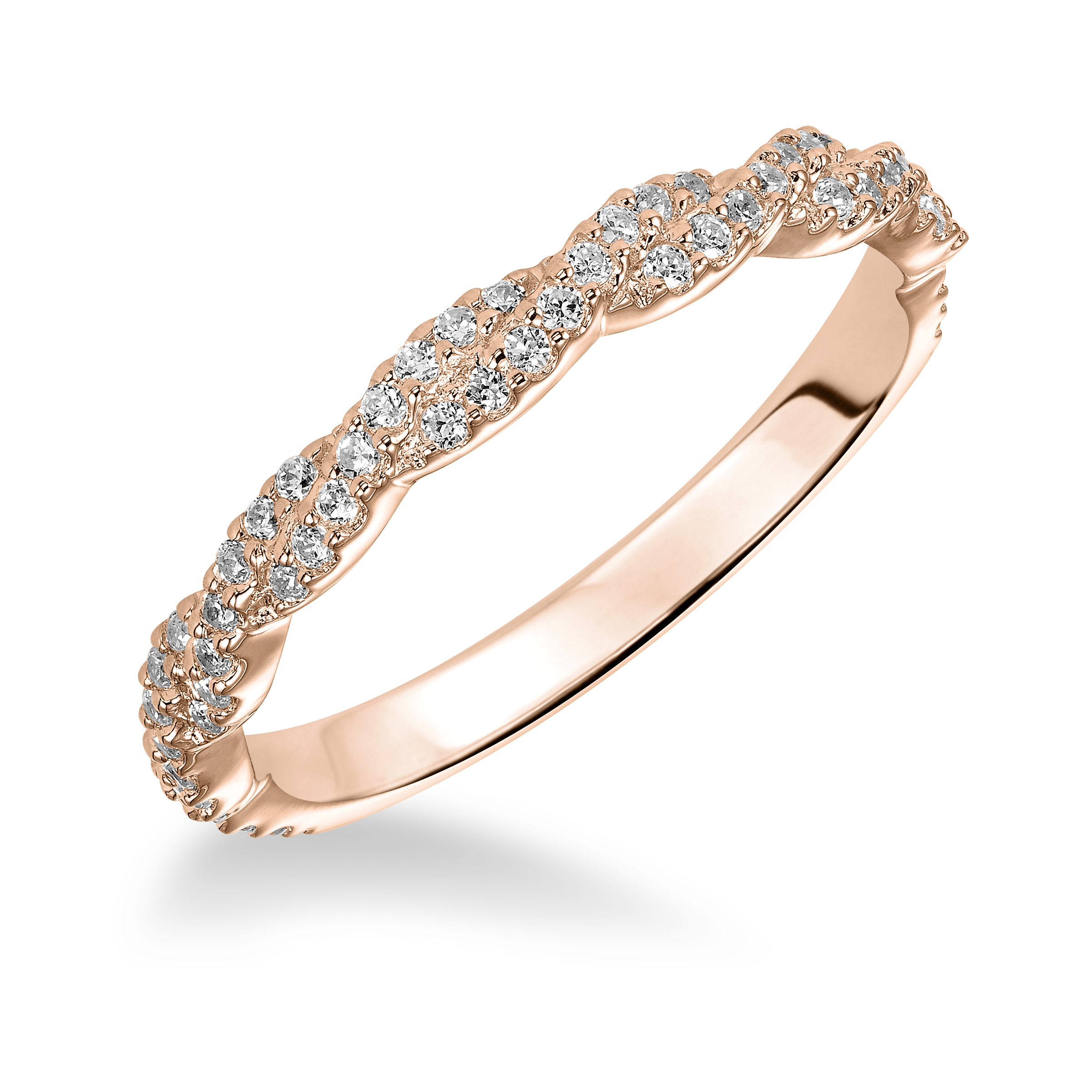 Wedding band with prong set, round diamonds and delicate twisted shank design.