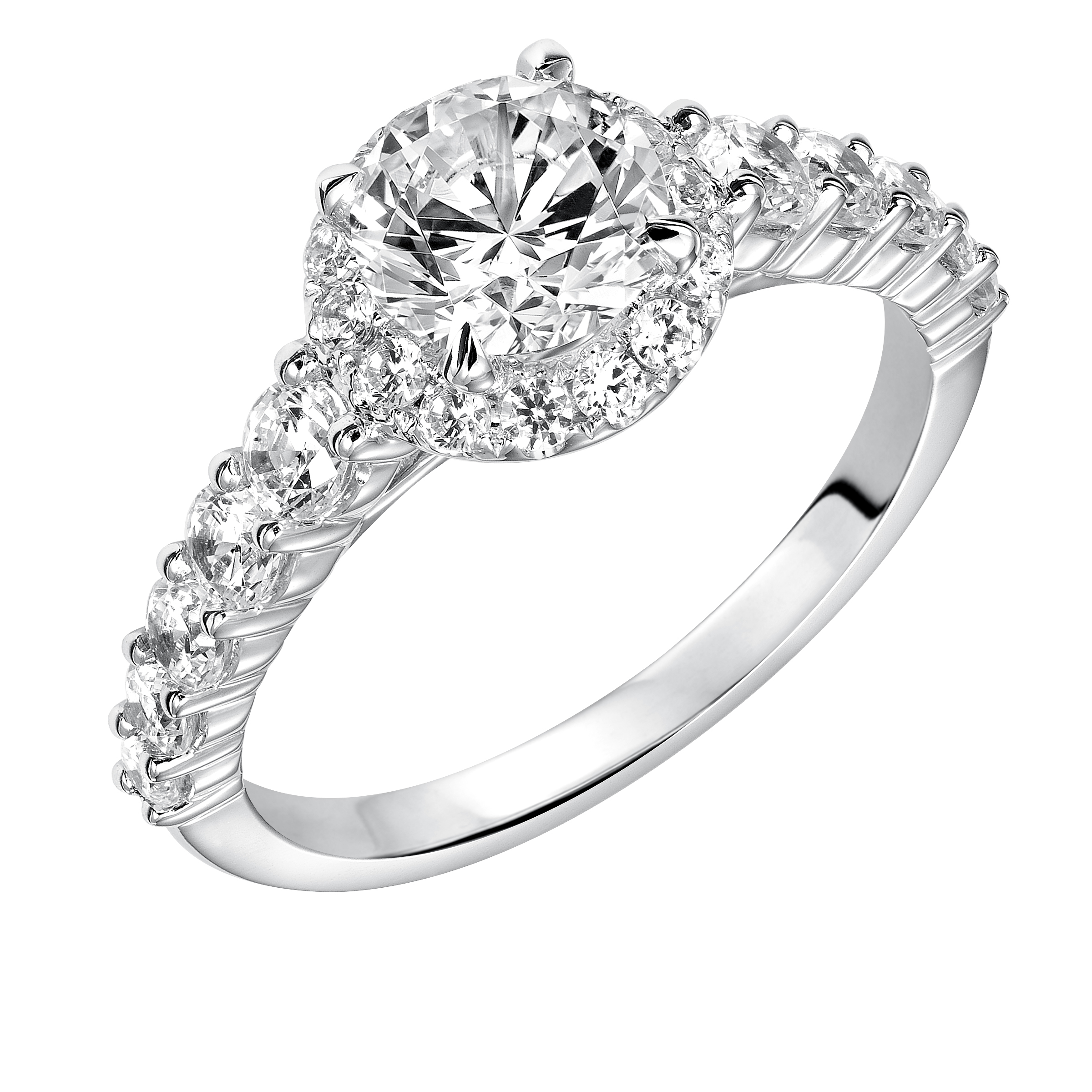 Magnificent and grand, this engagement ring was designed to accentuate the center diamond with its shared prong diamond halo and band for a show-stopping look