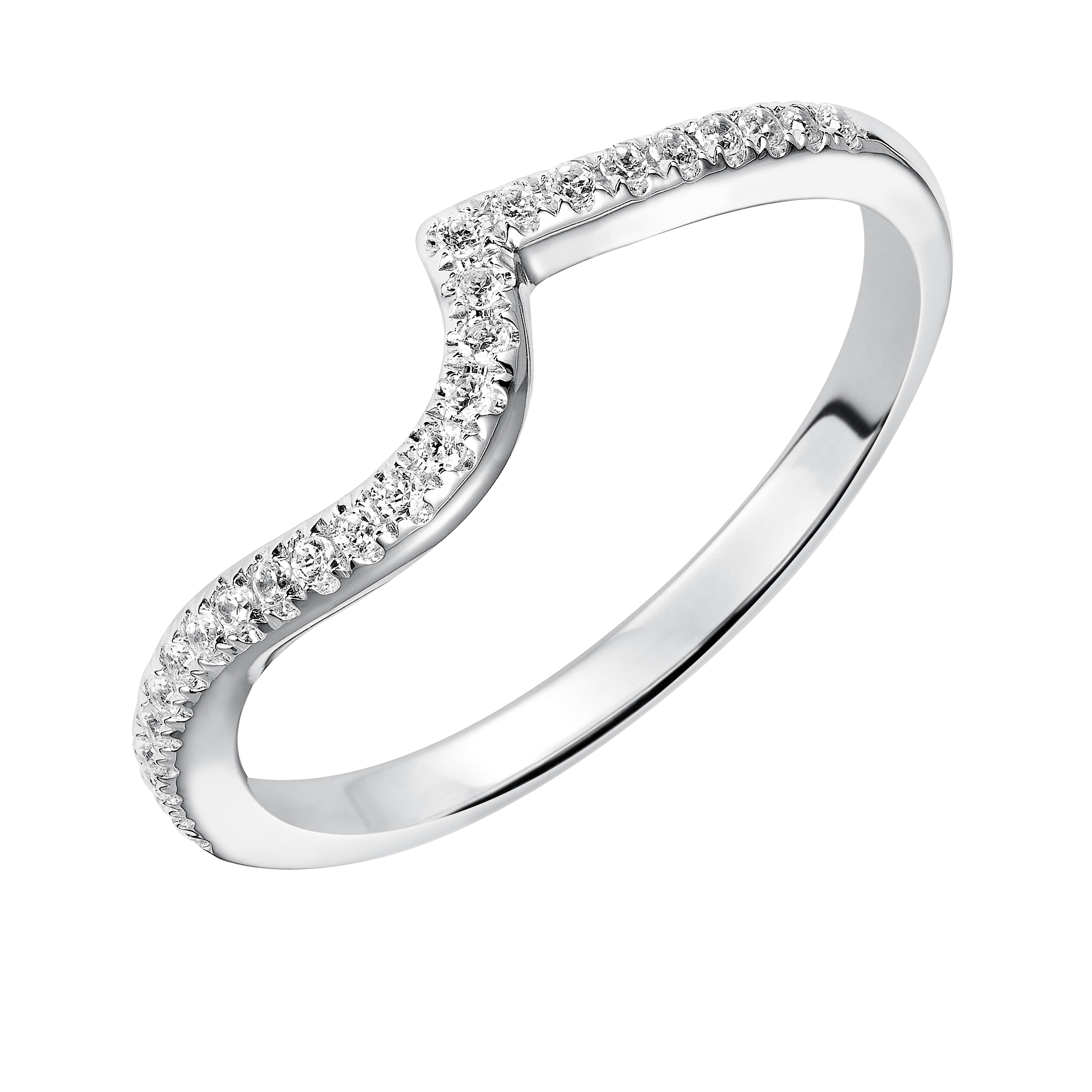Wedding band with pave set, round diamonds and curved design to fit flush with matching engagement ring.
