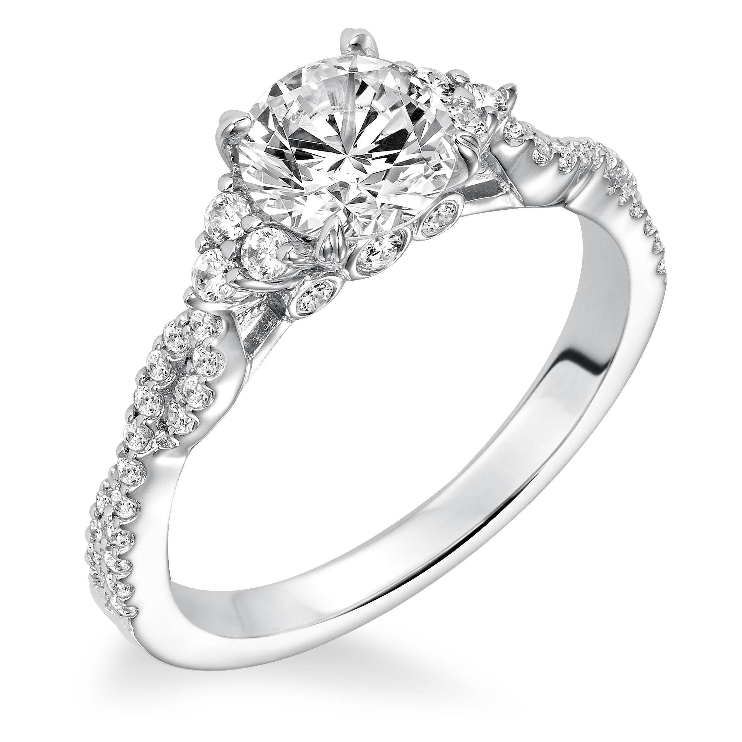 Diamond prong set with diamond cluster and twisted shank engagement ring