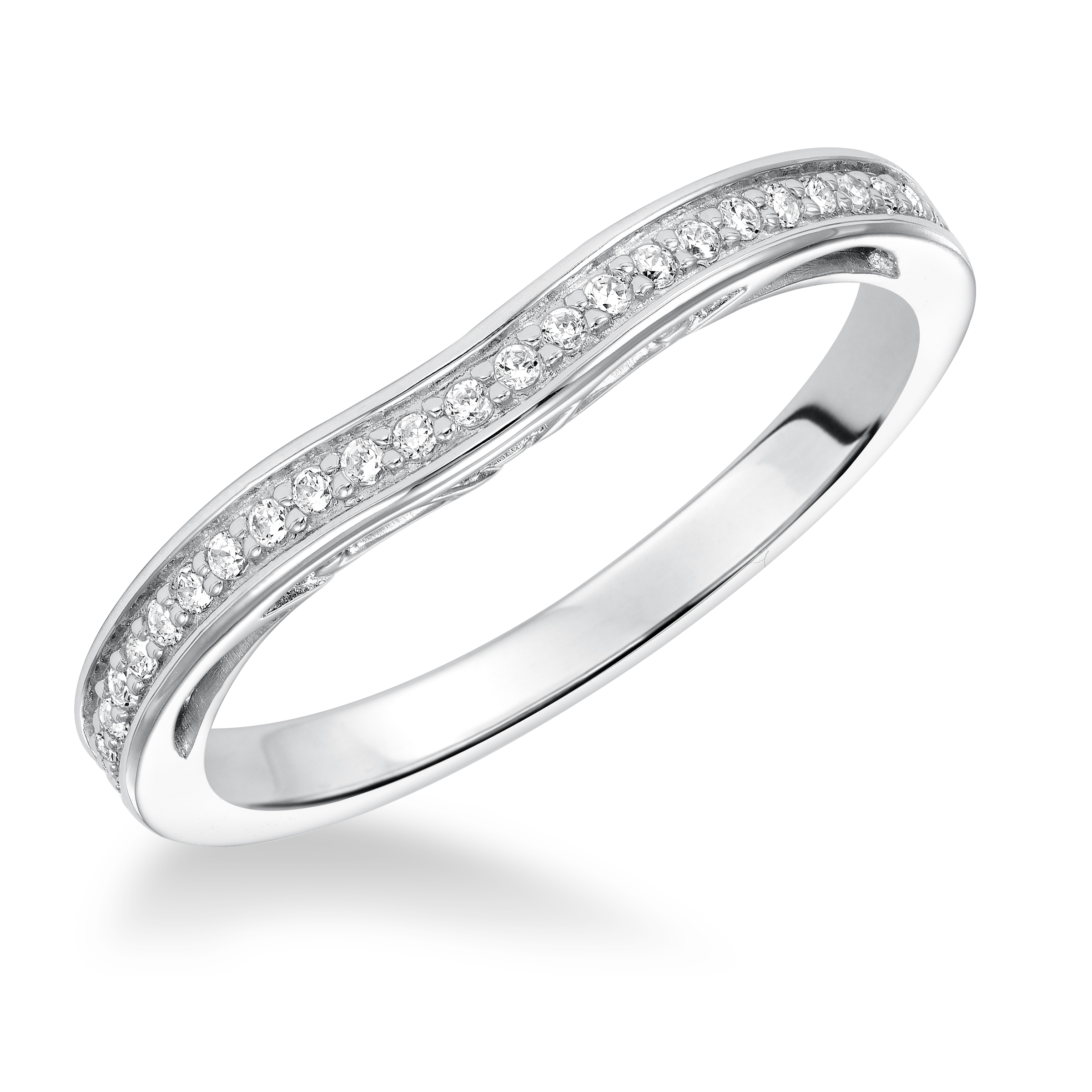 Curved Diamond Prong set With Filgree Accent Wedding Band