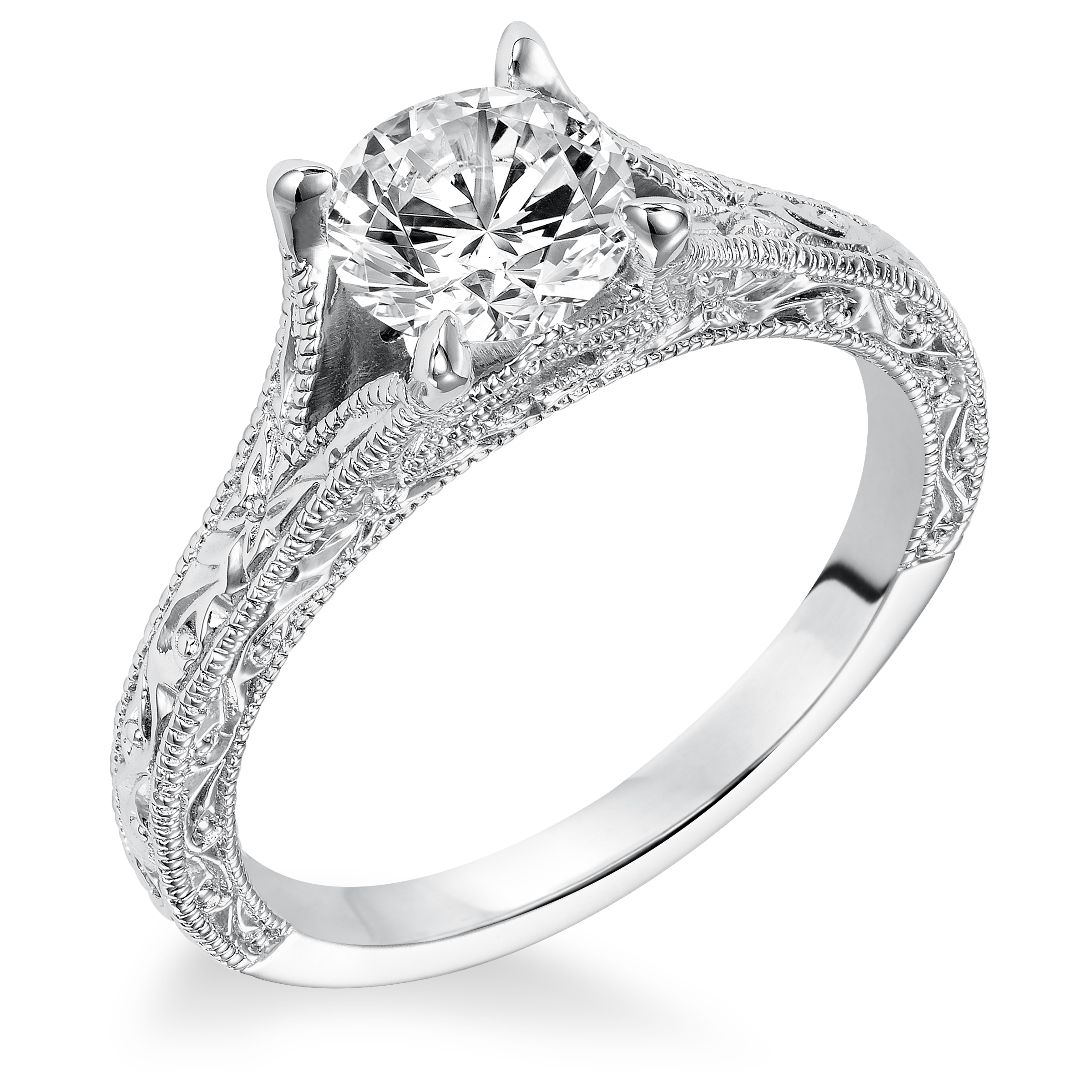 Diamond Prong Set Engraved Milgrain Split Shank Engagement Ring