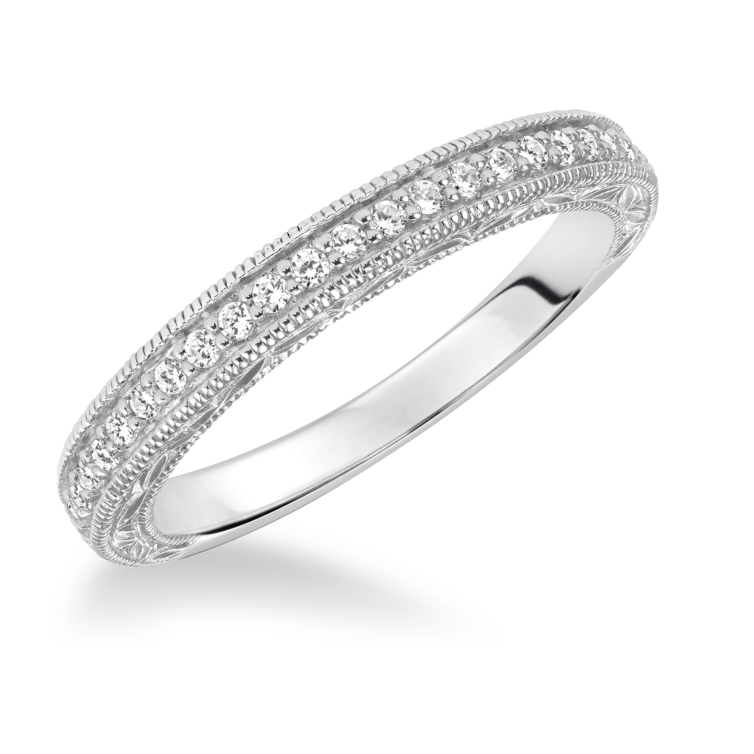 Diamond Accent Prong Set Engraved and Milgrain Wedding Band