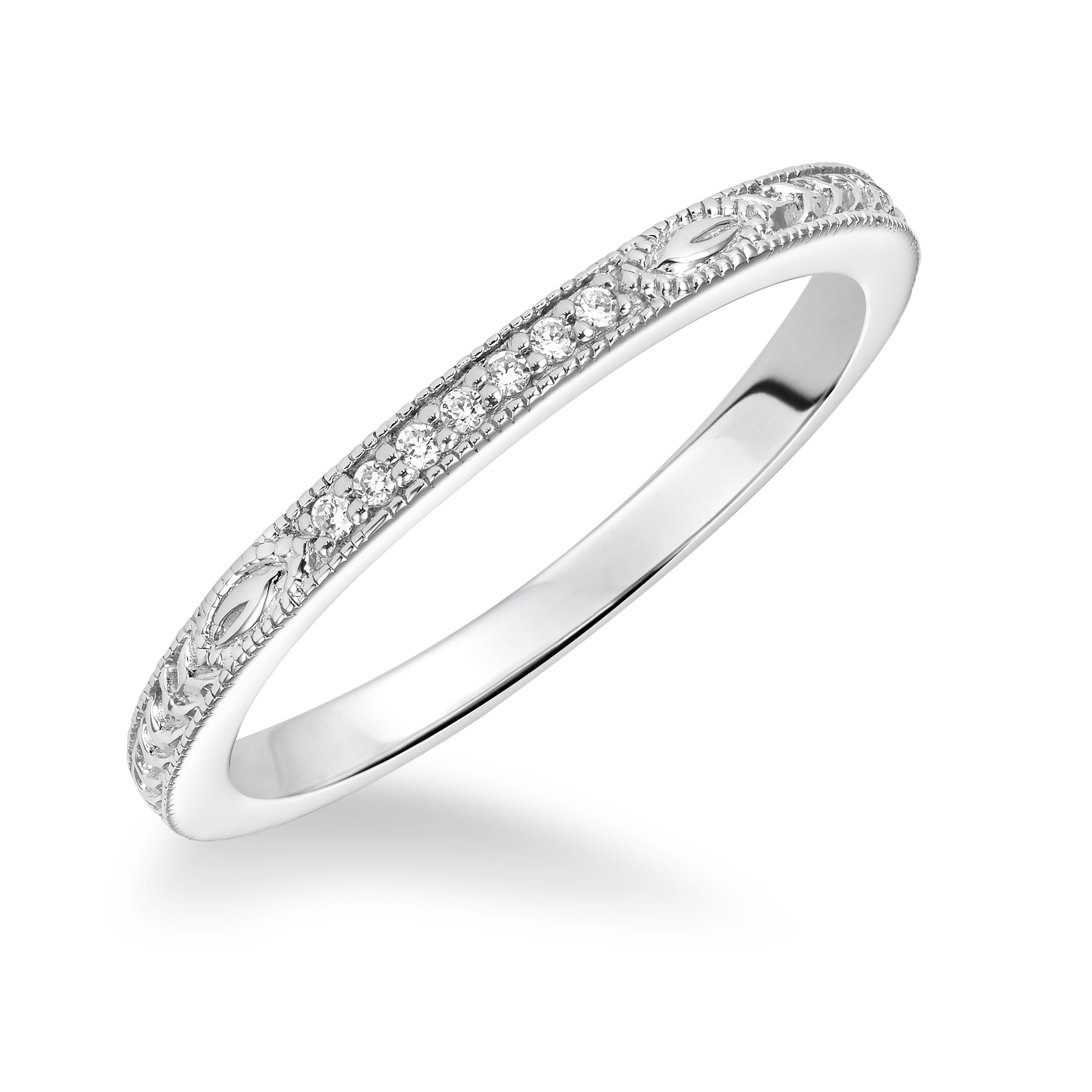 Diamond Accent Prong set Engraved and Milgrain Wedding Band