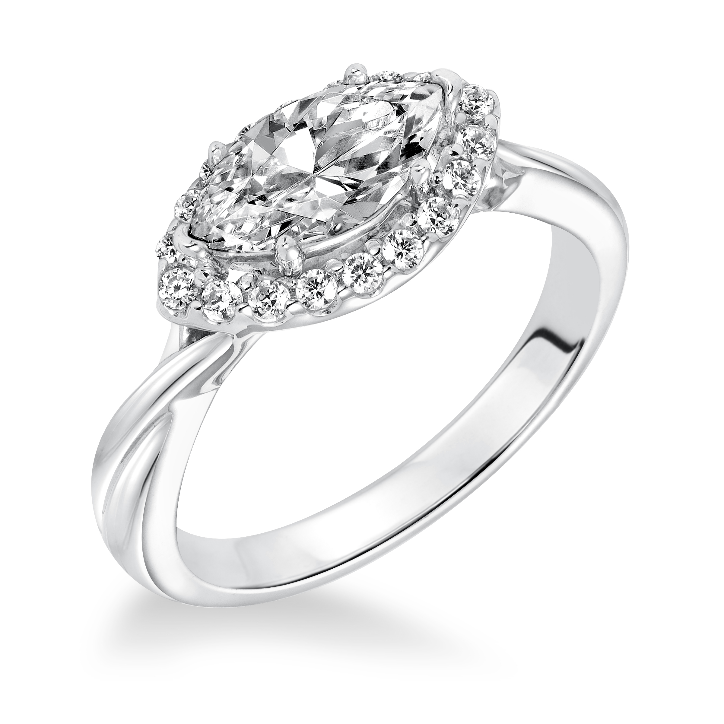 East/West Diamond Halo with Twisted Shank Engagement Ring