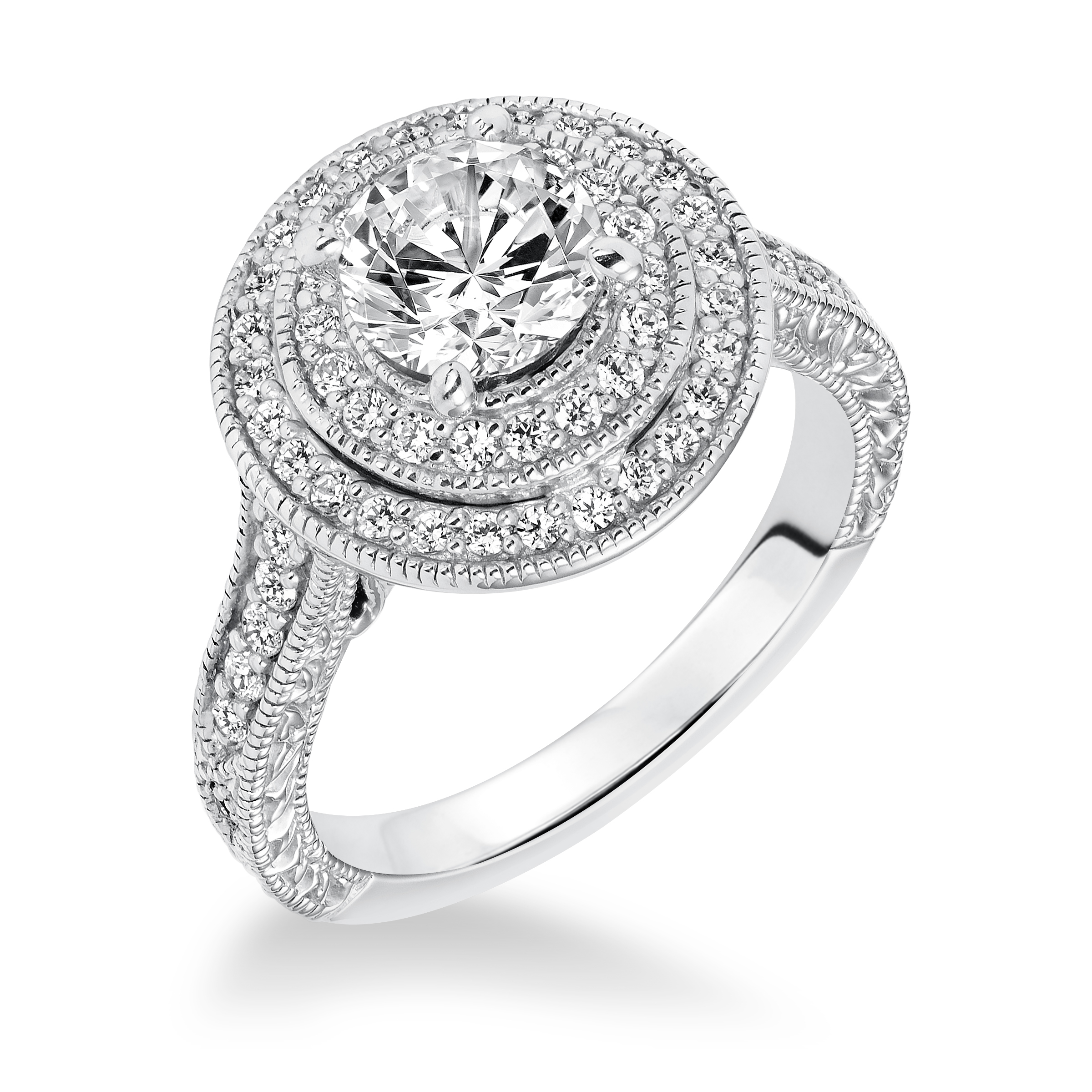 Engraved Double Halo with Milgrain Engagement Ring