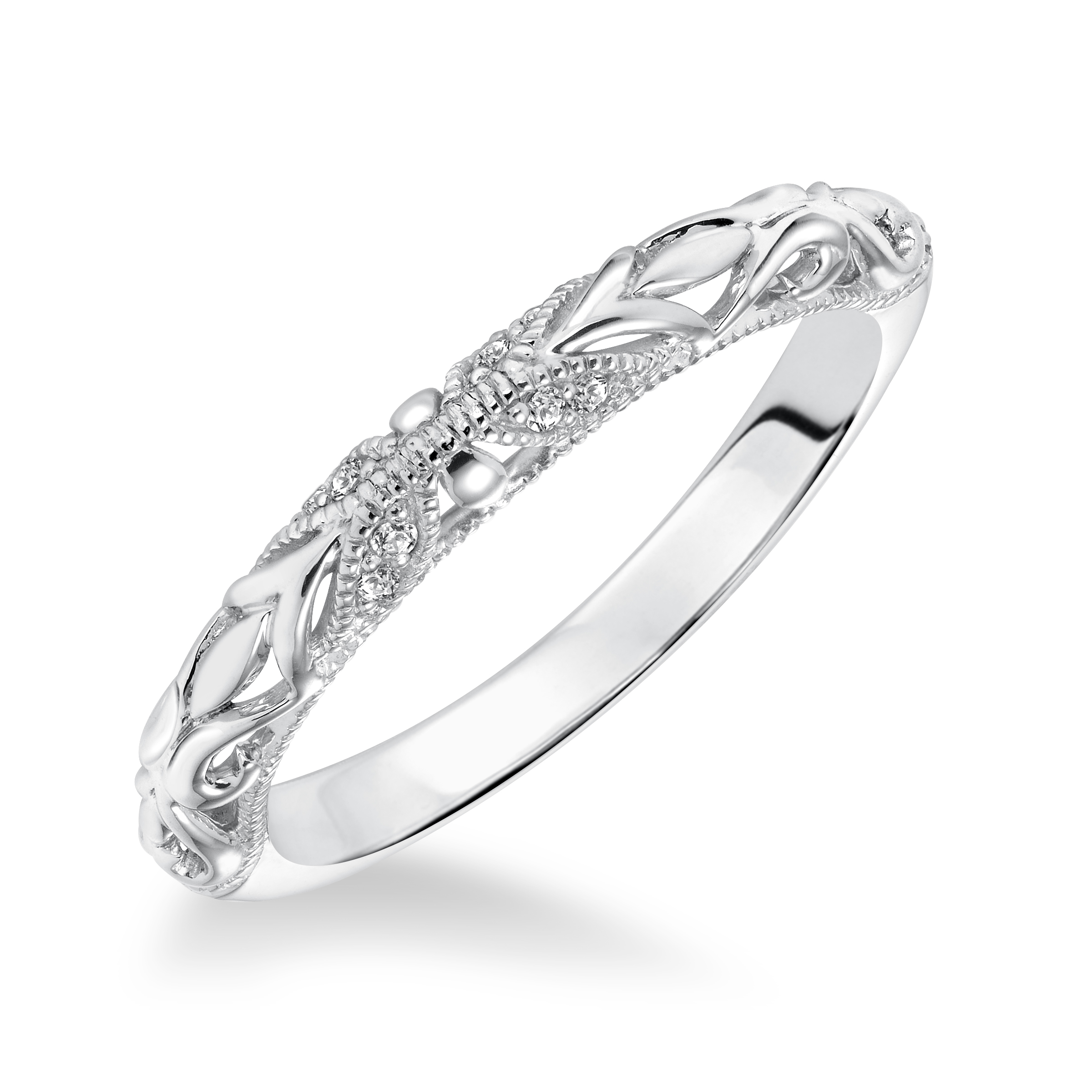 Diamond Milgrain and Carved Wedding Band