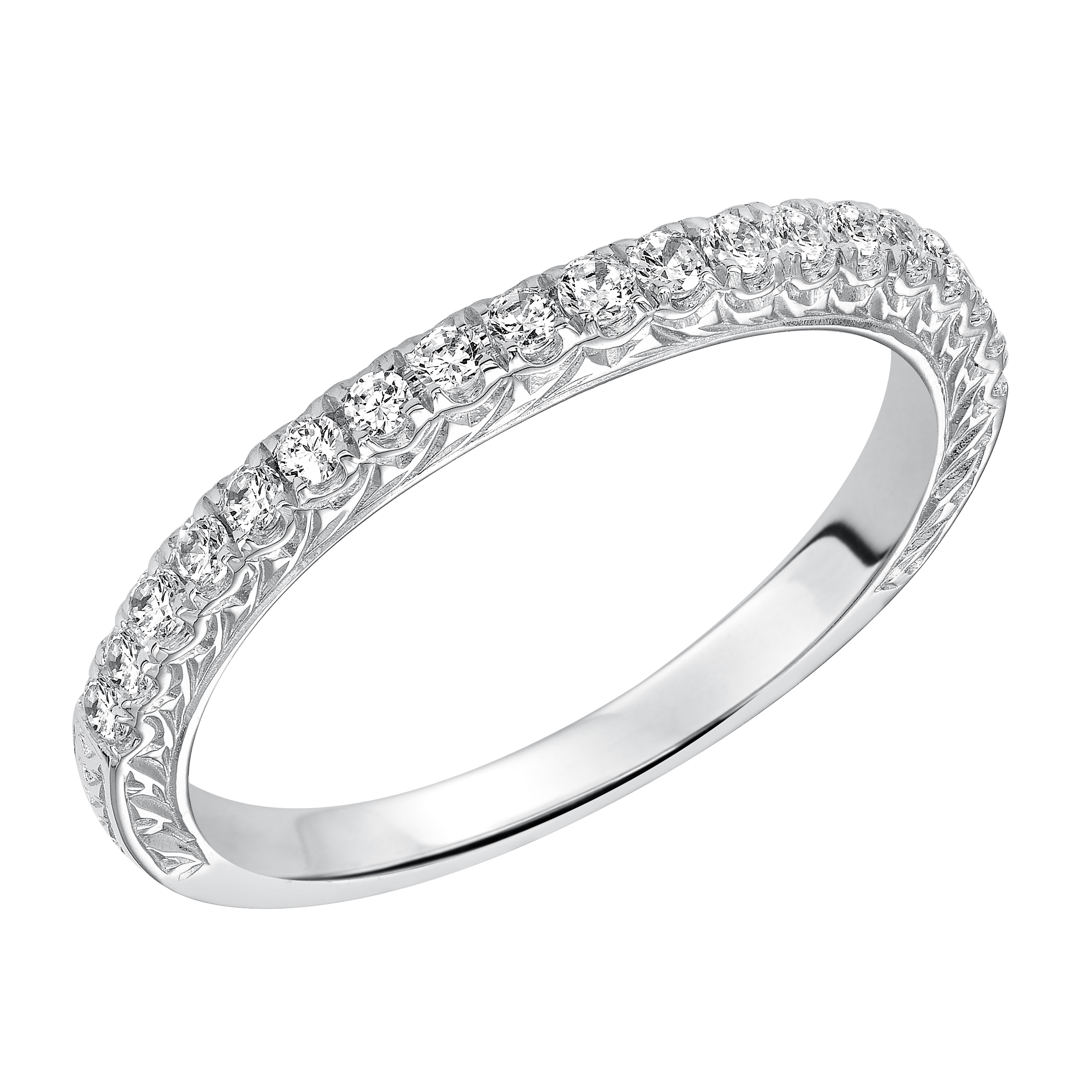 Wedding band with shared prong set, round diamonds and engraved design.