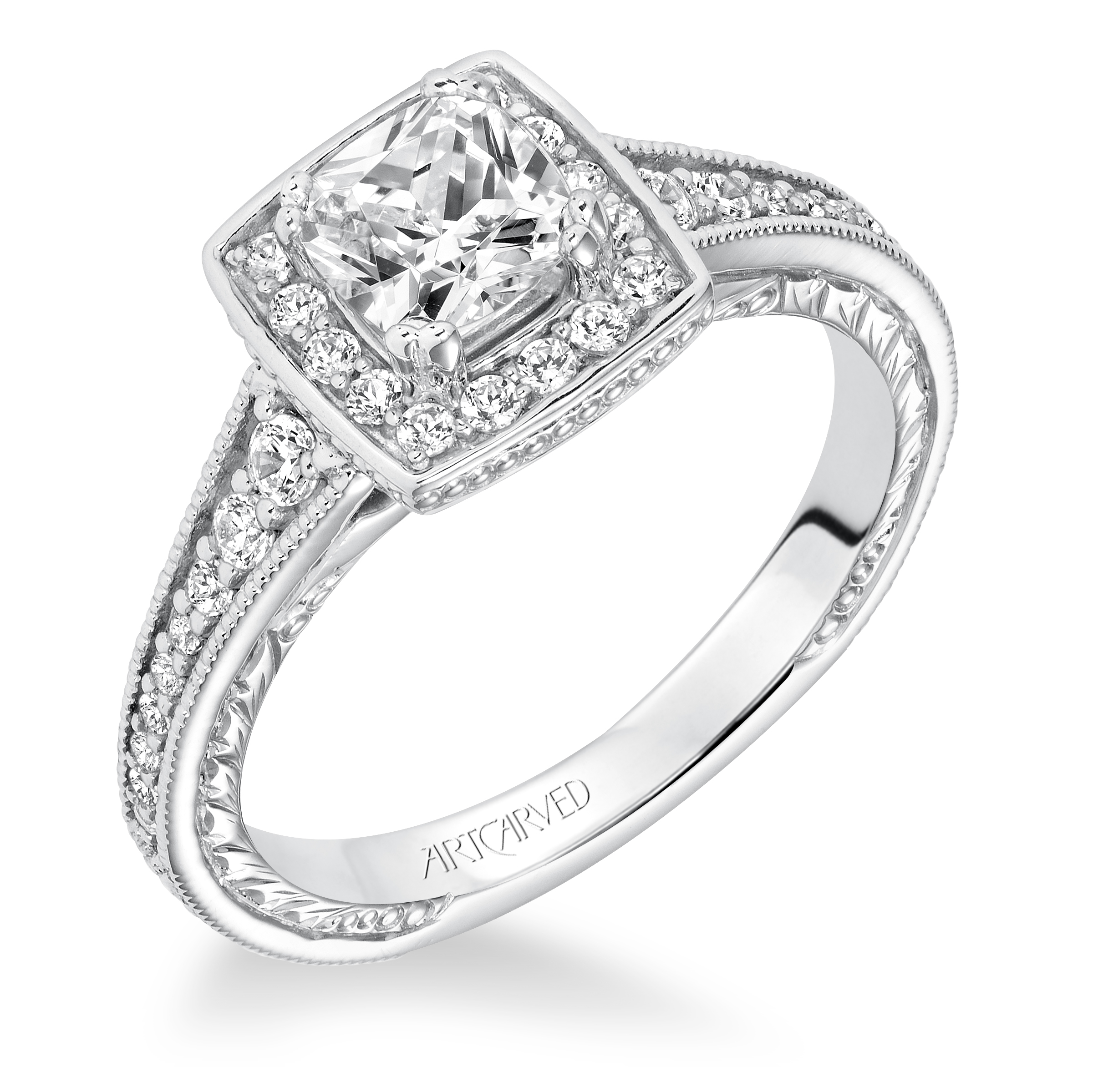 Hand Engraved and Milgrain Halo Engagement Ring