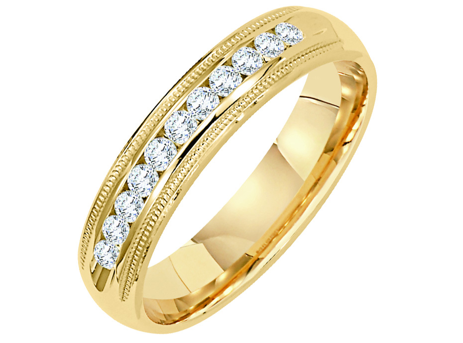 Wedding band with channel set, round diamonds and milgrain accents.