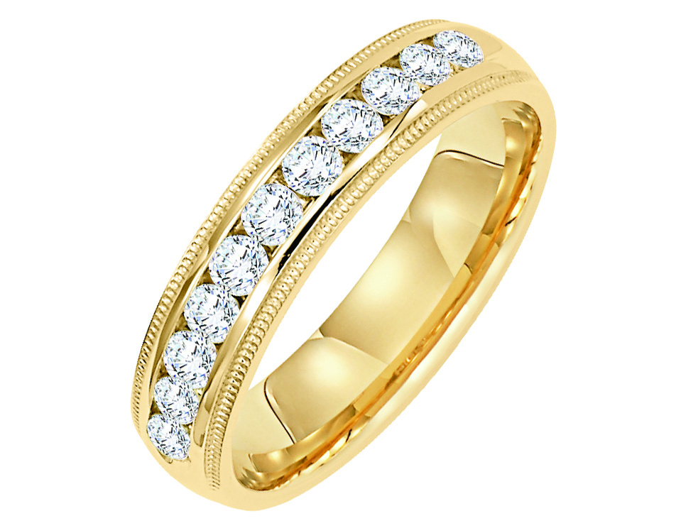 Wedding band with channel set, round diamonds and milgrain accents.