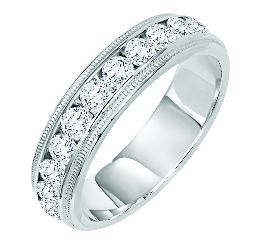 Wedding band with channel set, round diamonds and milgrain accents.