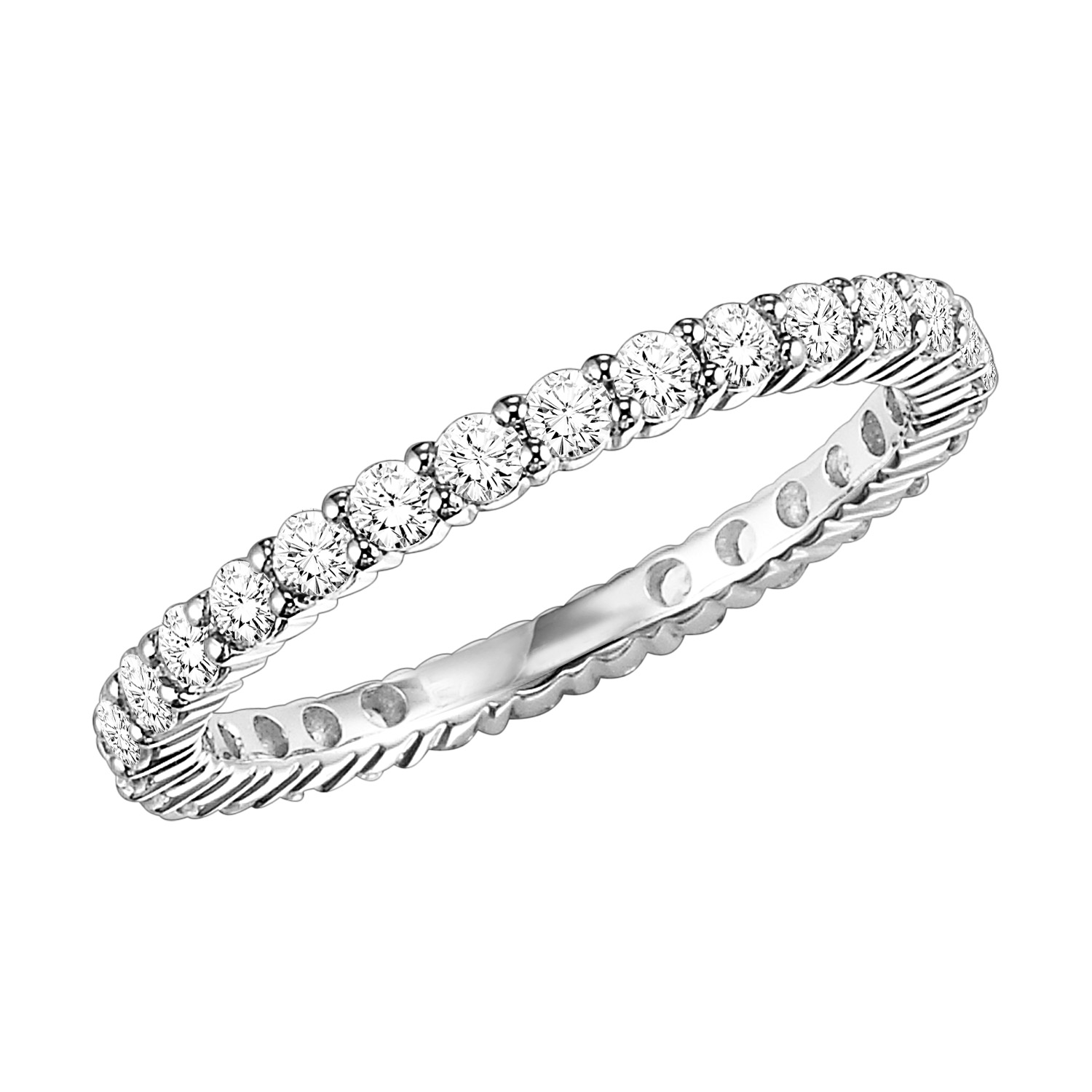 Eternity wedding band with shared prong set, round diamonds.
