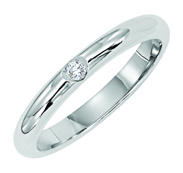 Wedding band with bezel set, round diamond and bright polished band.