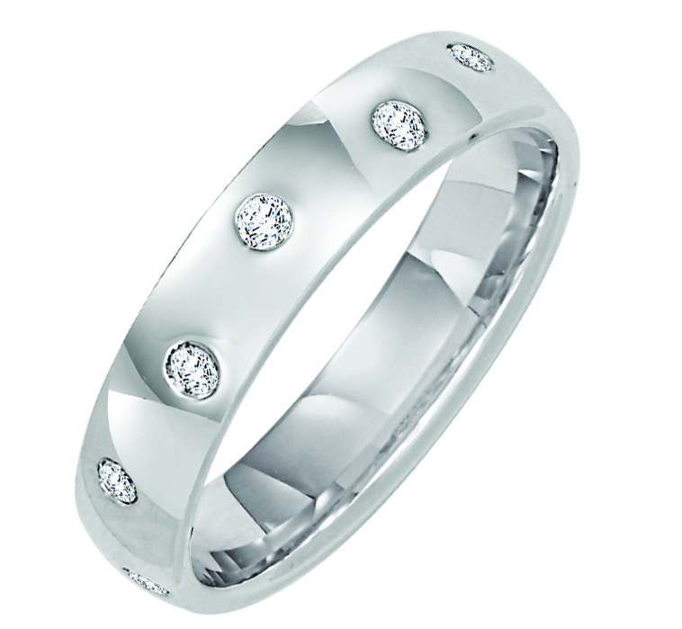 Wedding band with bezel set round diamonds all around.