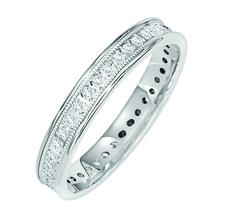 Eternity diamond wedding band with milgrain accents.