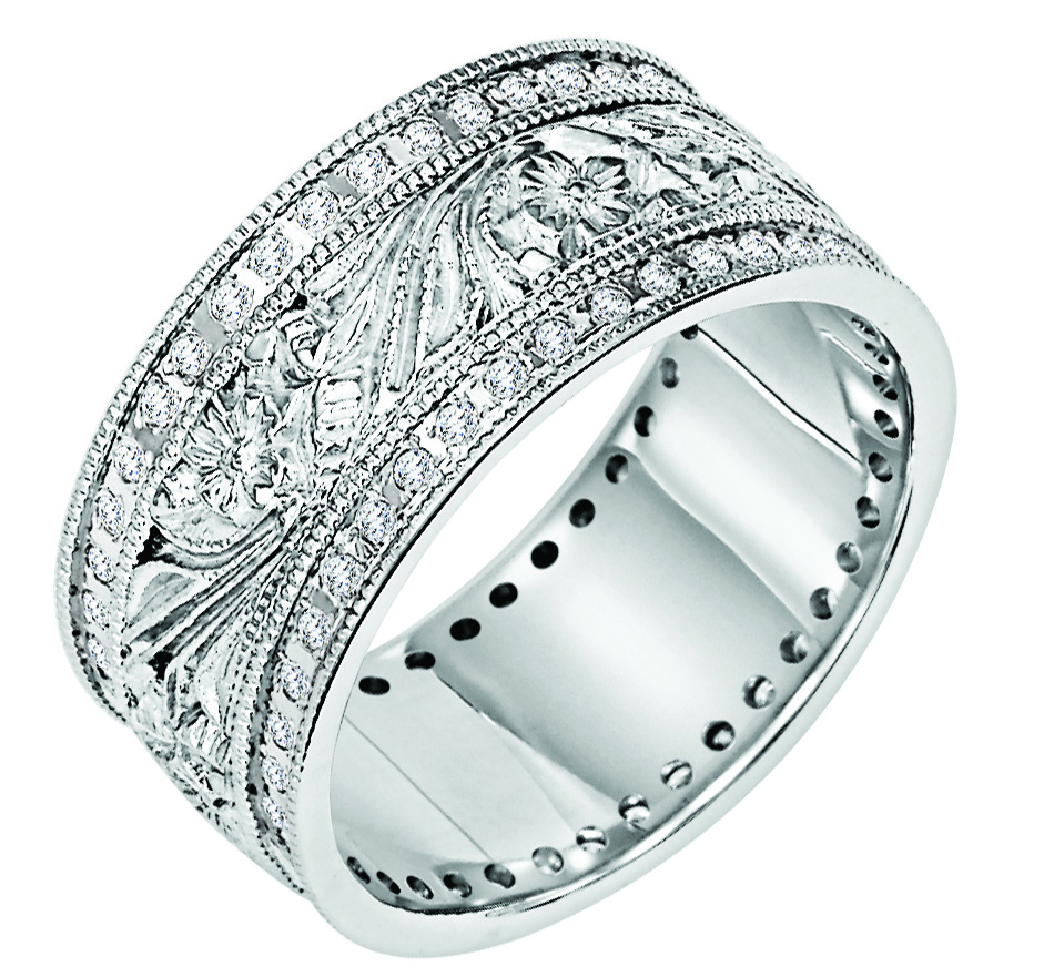 Wedding band with engraved design, milgrain and diamond accents.