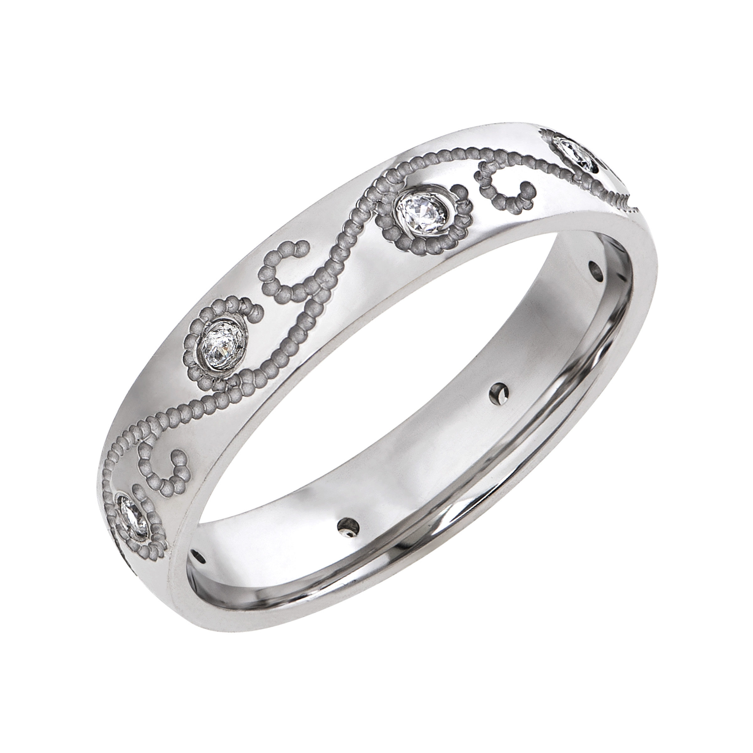 Wedding band with engraved design and diamond accents.