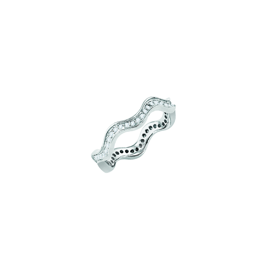 Eternity wedding band with round diamonds in a stackable wave design.