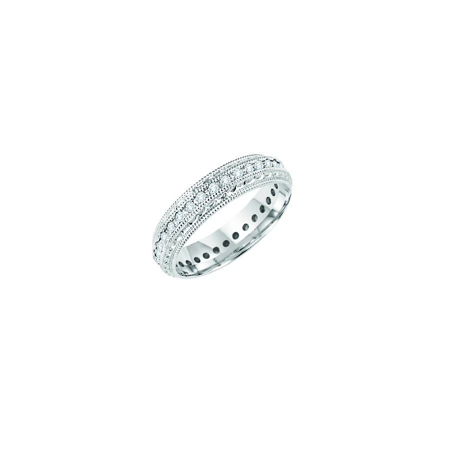 Eternity wedding band with round, prong set diamond and milgrain.