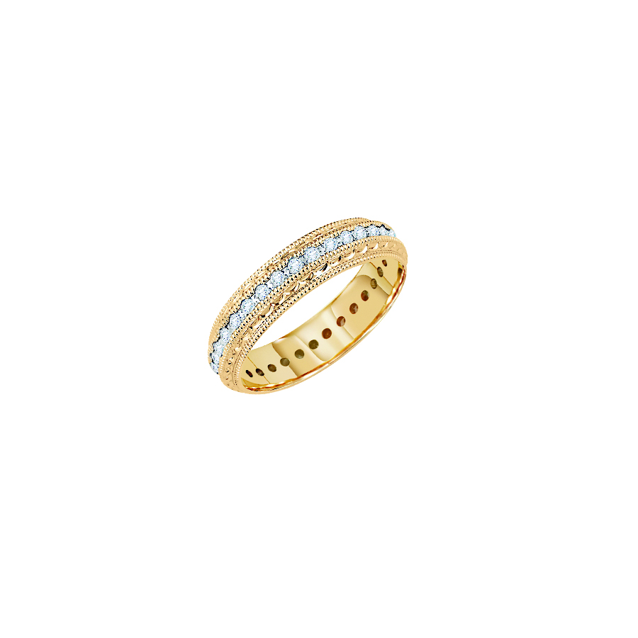 Eternity wedding band with round, prong set diamond and milgrain.