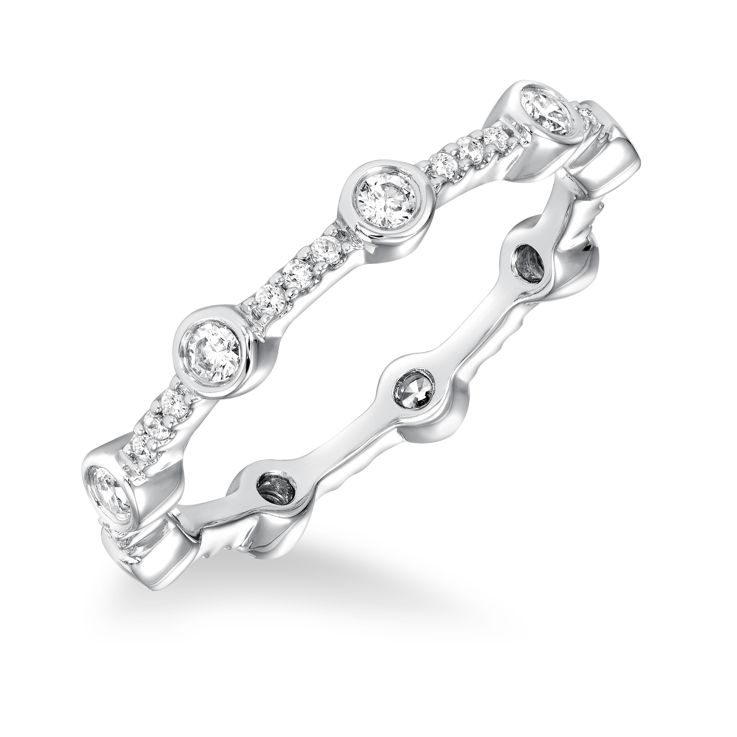 Stackable eternity band with bezel and prong set black and white diamonds