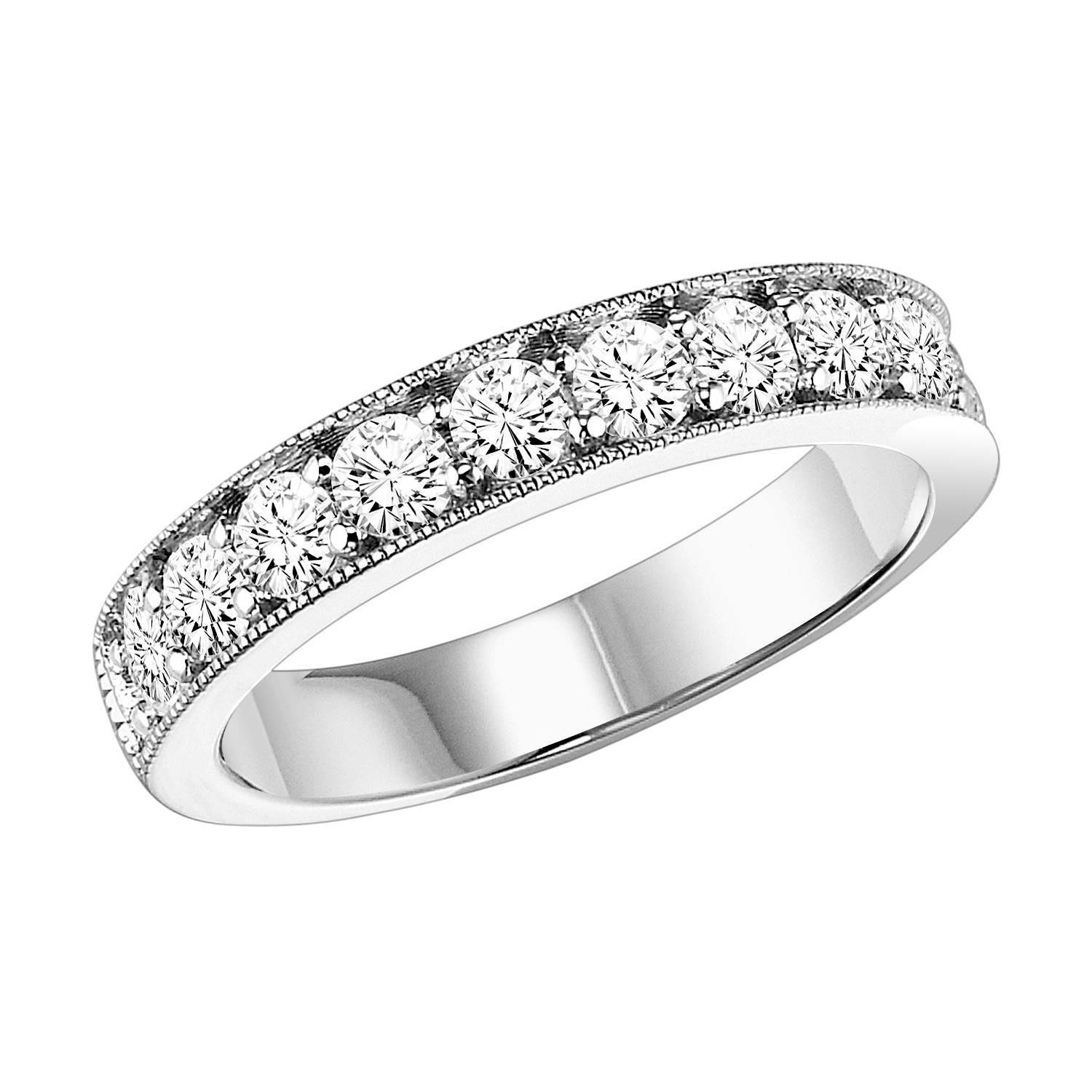 Wedding band with round, bead set diamonds and milgrain accents.