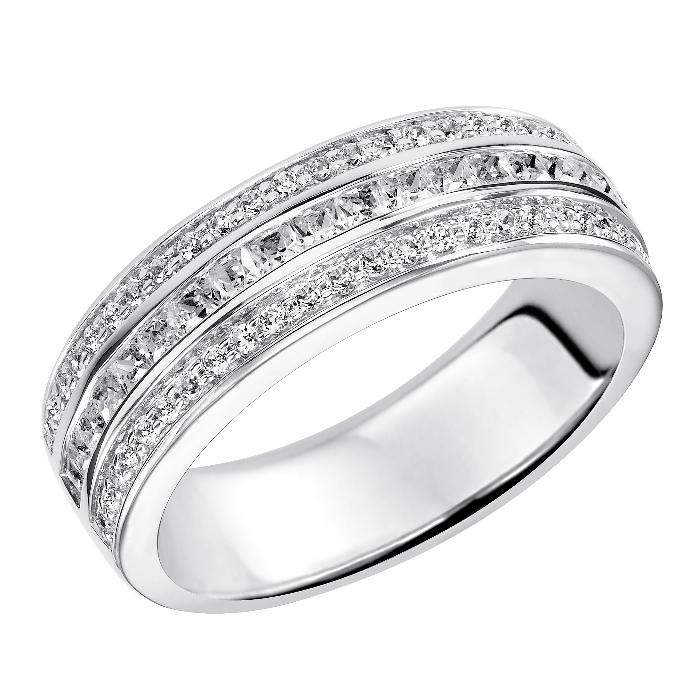 Eternity wedding band with multi-row, round diamond design.