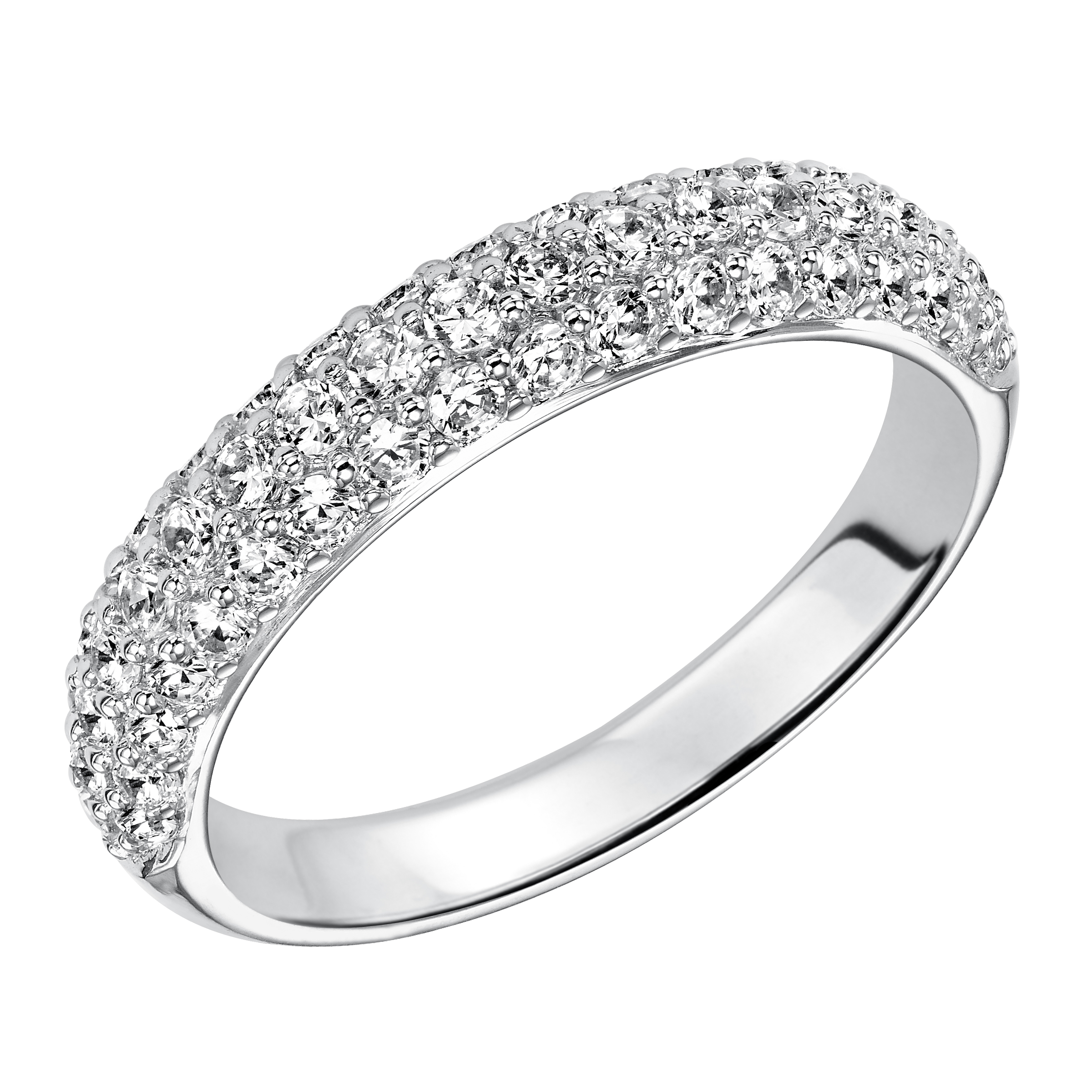 Wedding band with multi-row, round, bead set diamonds.