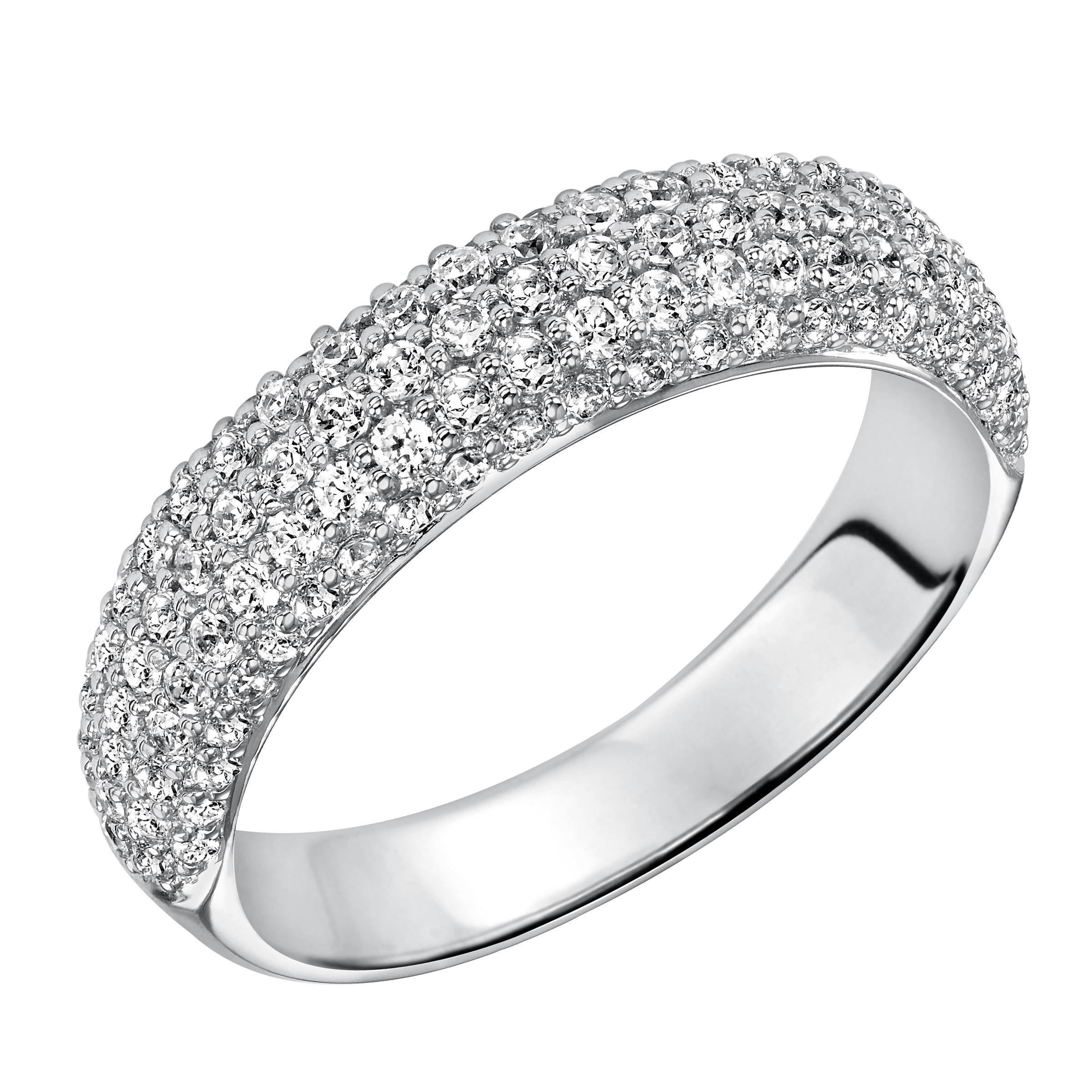 Wedding band with multi-row, round, bead set diamonds.