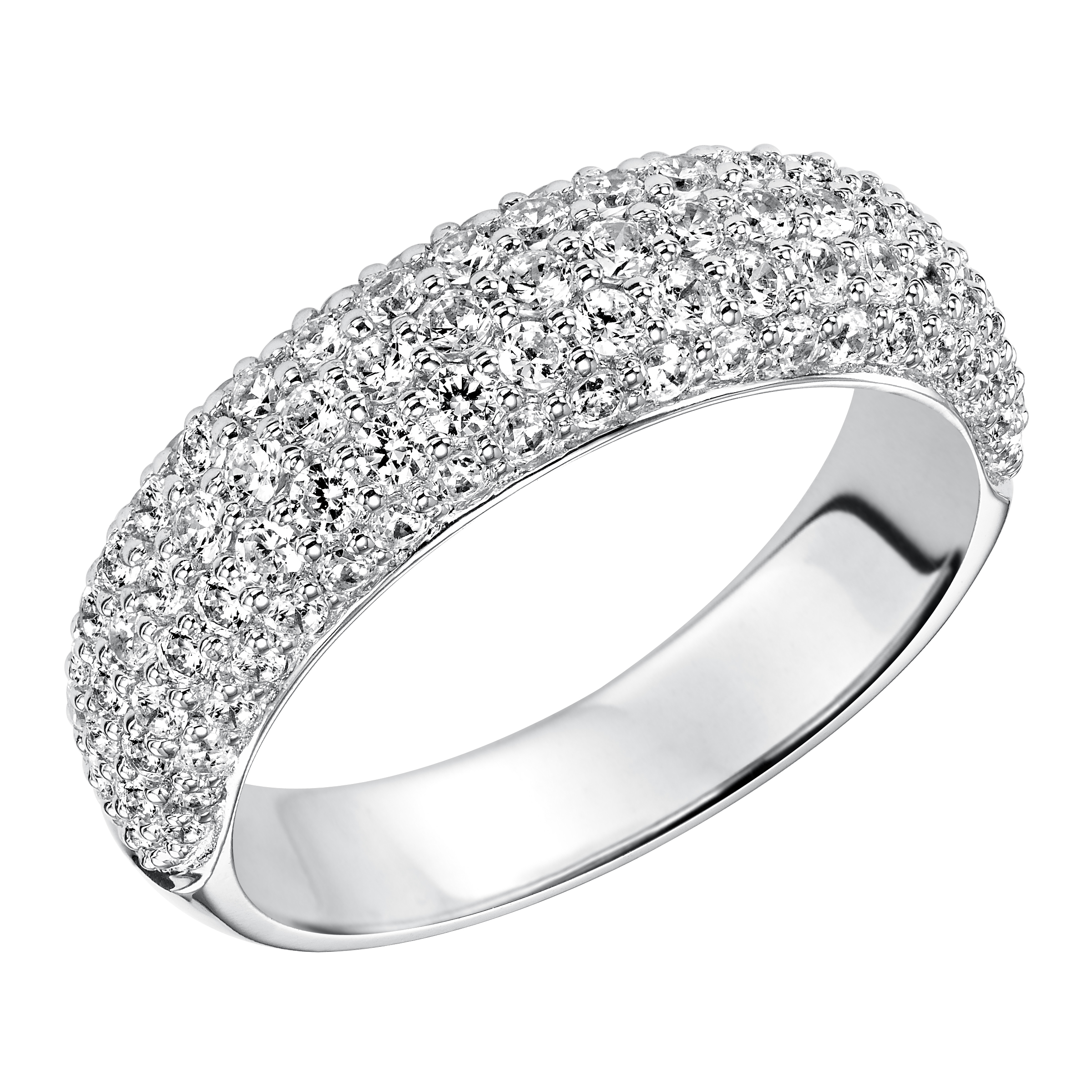 Wedding band with multi-row, round, bead set diamonds.