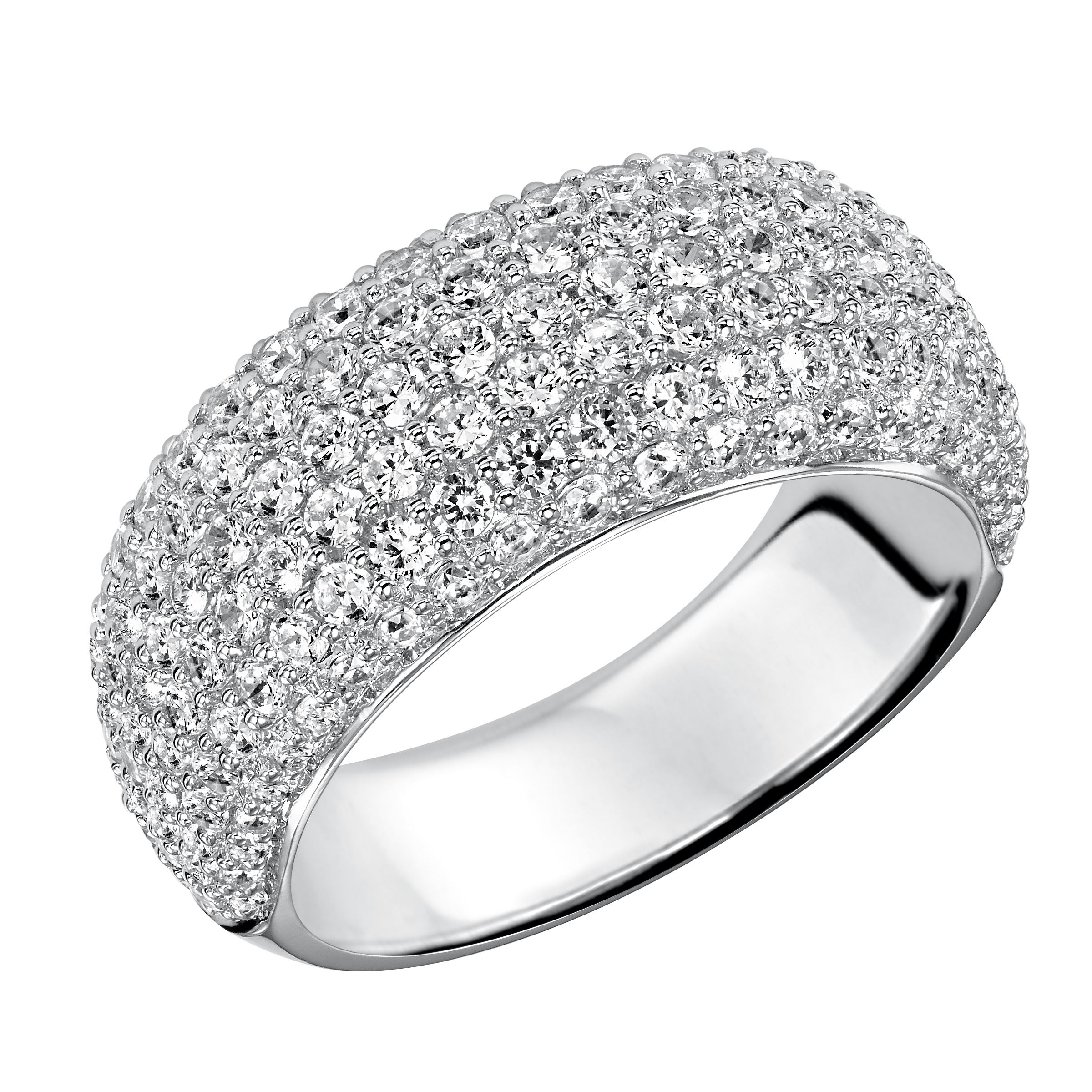 Wedding band with multi-row, round, bead set diamonds.