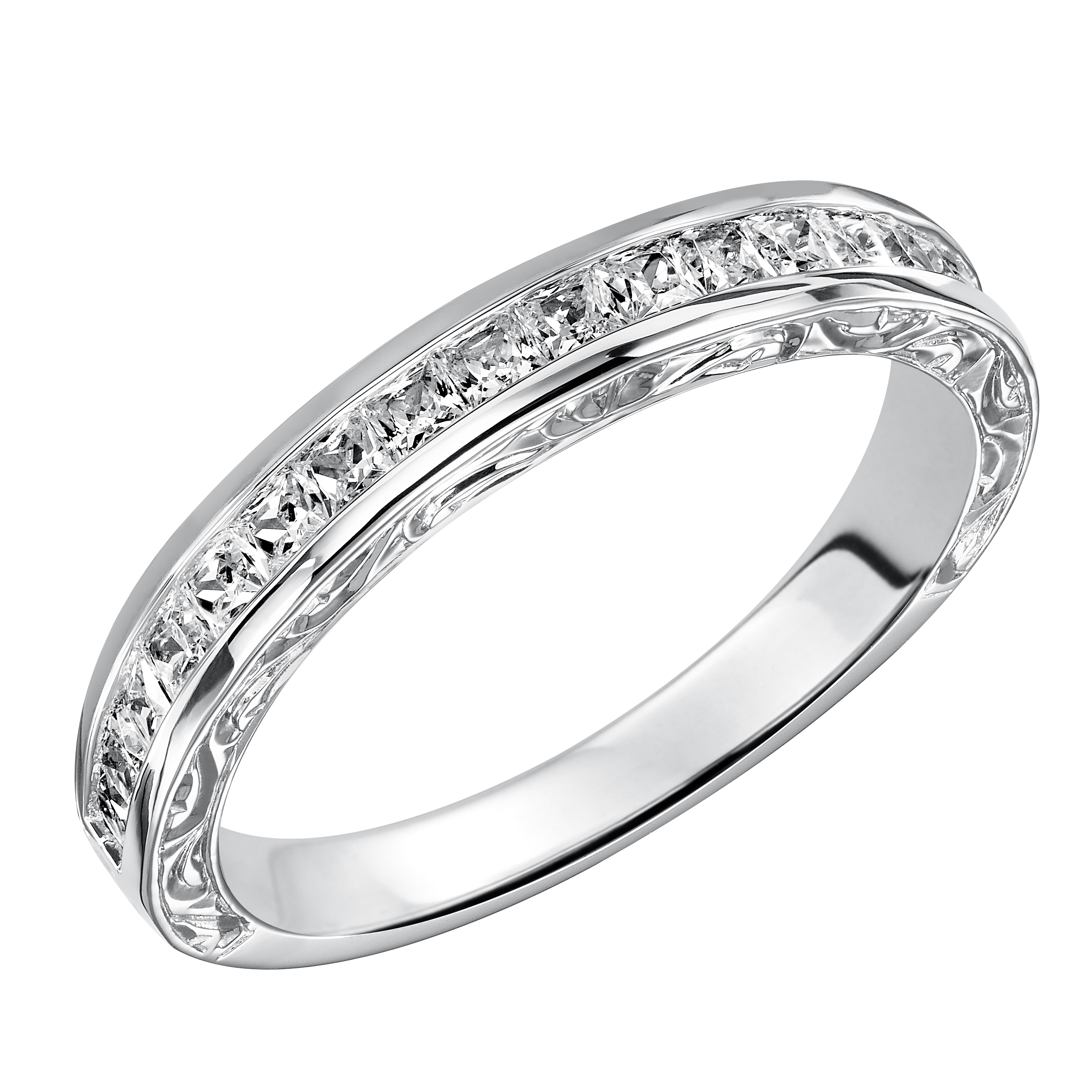 Wedding band with bead set, round diamonds and engraved design.