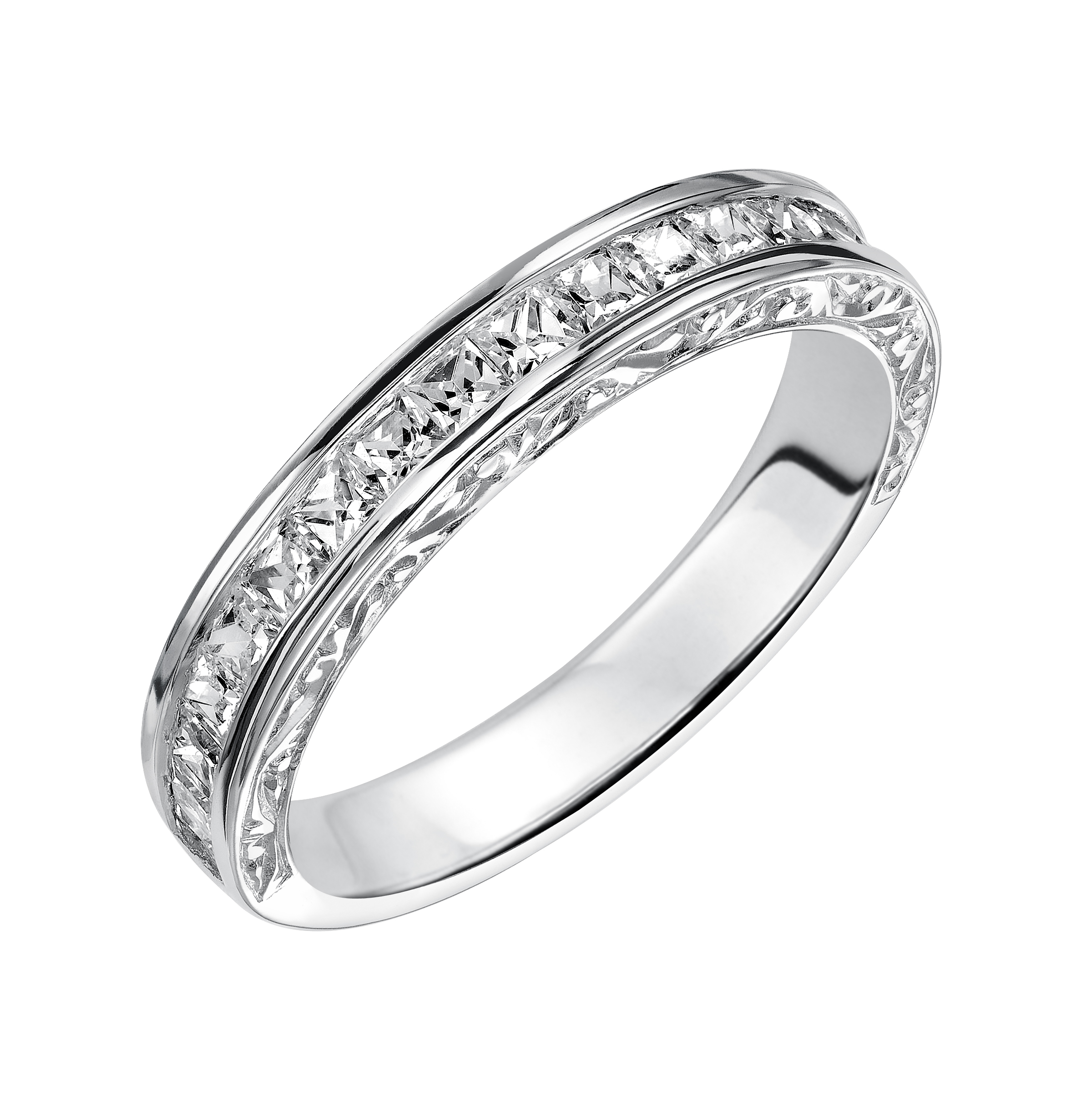 Wedding band with channel set, princess cut diamonds and engraved design.