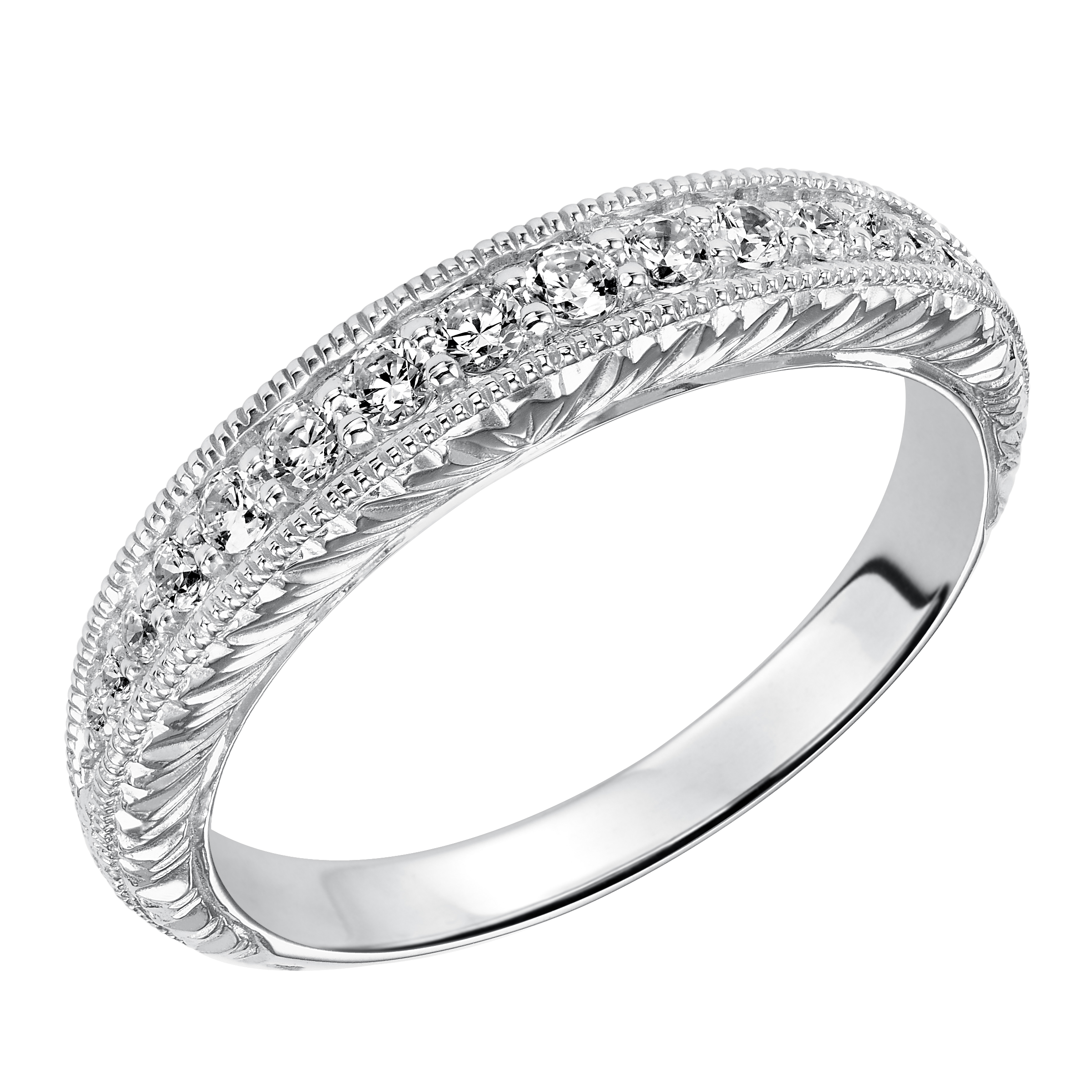 Wedding band with bead set, round diamonds, milgrain and engraved design.