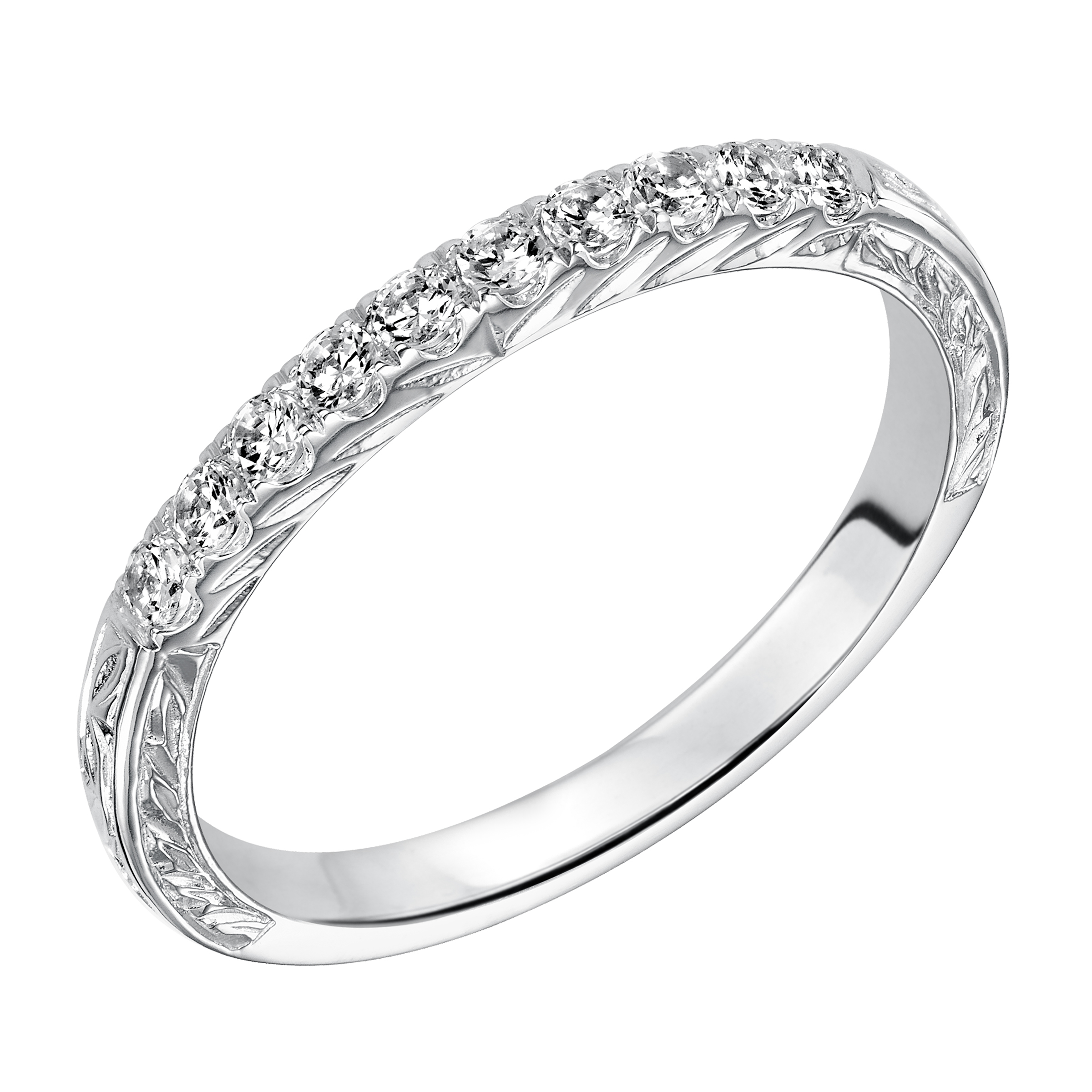 Wedding band with prong set, round diamonds, milgrain and engraved design.