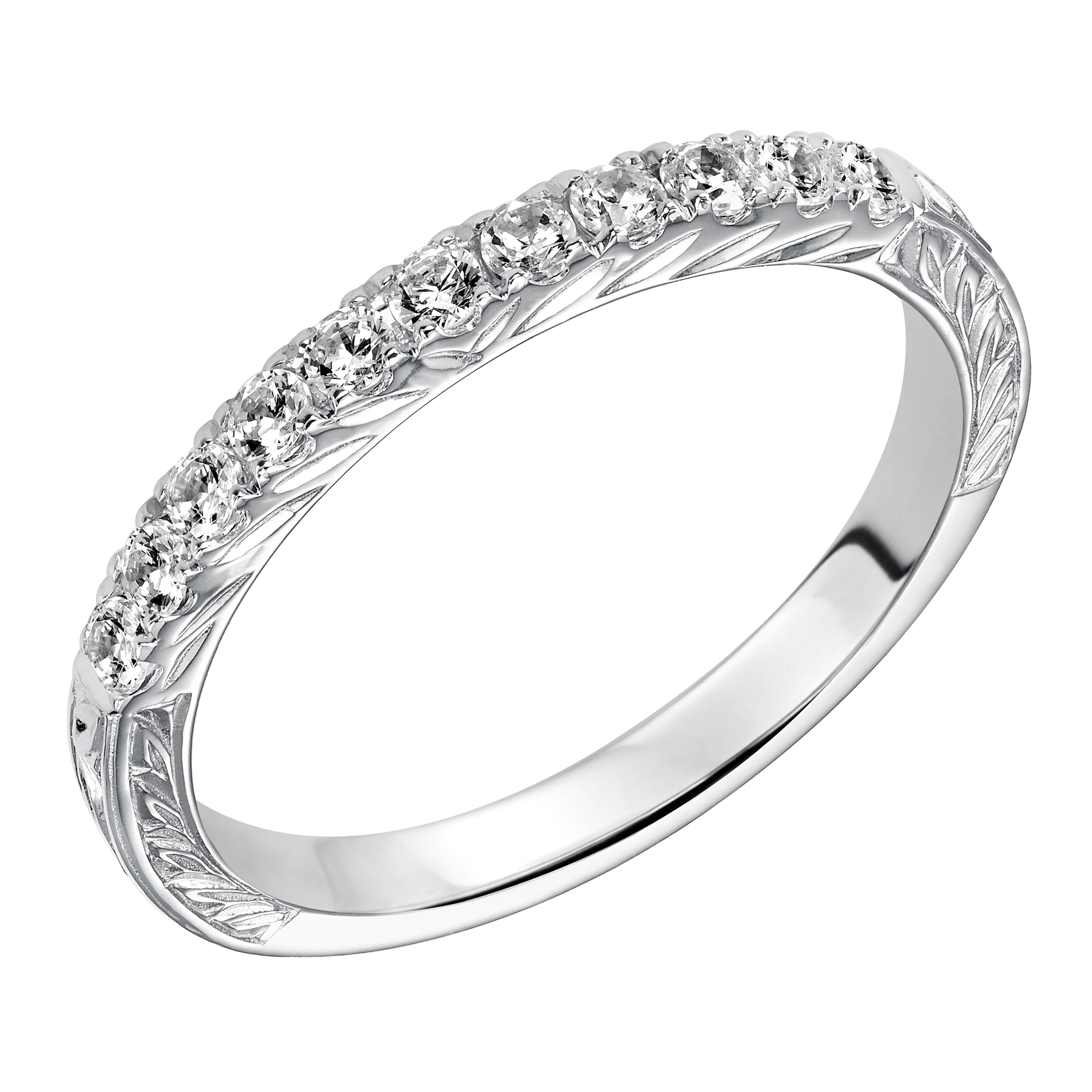 Wedding band with round, bead set diamonds and engraved design.