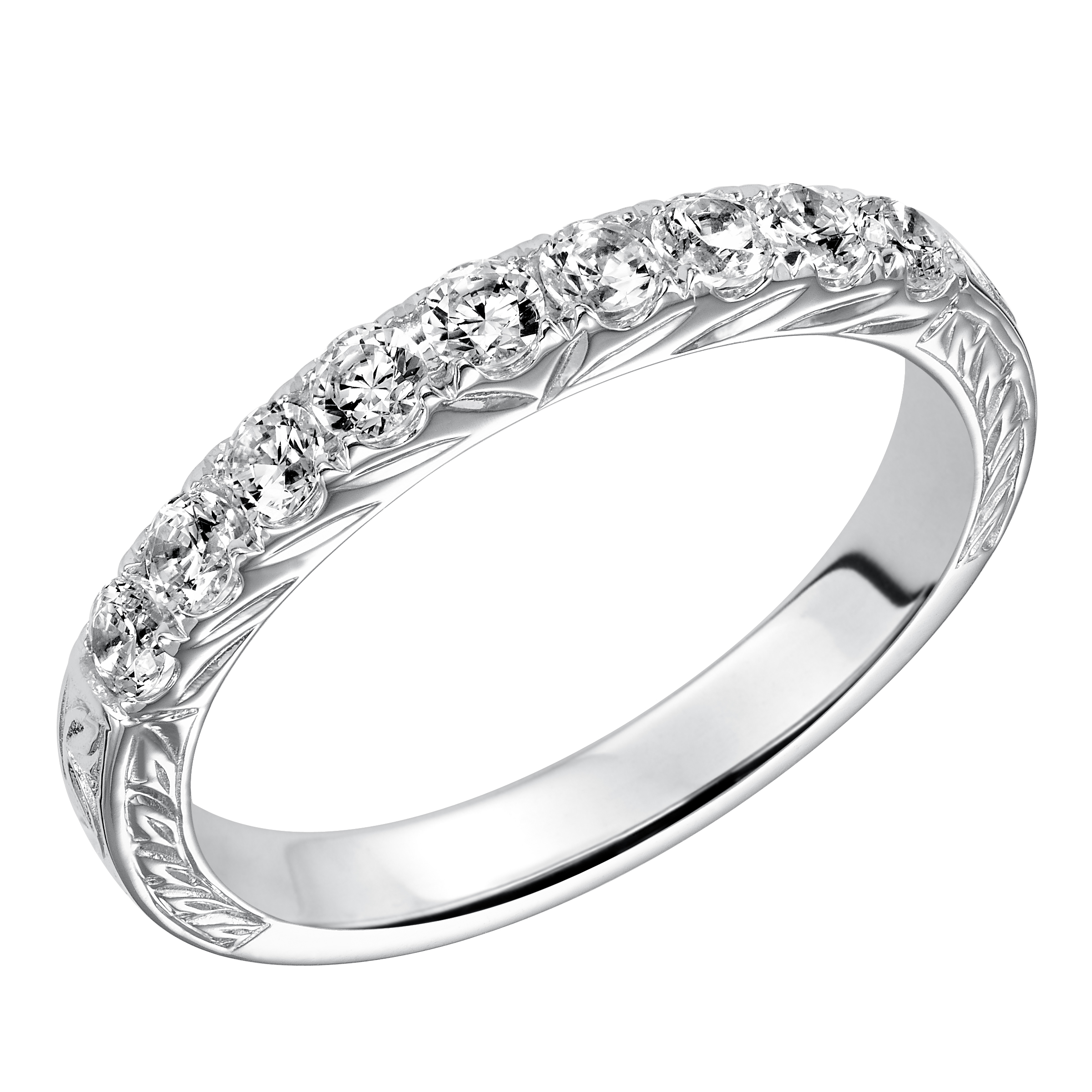 Wedding band with round, bead set diamonds and engraved design.