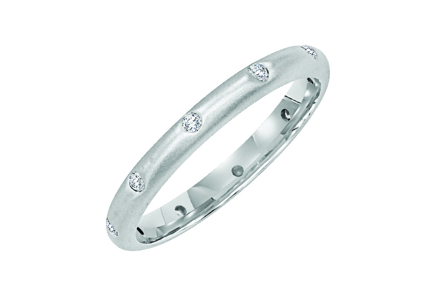 Wedding band with bezel set round diamonds all around.