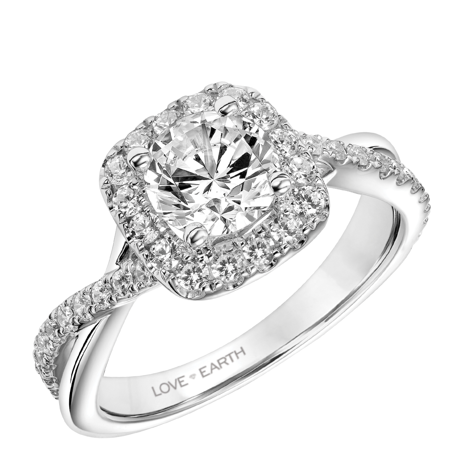 Contemporary Engagement Ring with Lab-Grown Diamond Cushion Halo and Half Lab-Grown Diamond and Half Polished Twist Shank