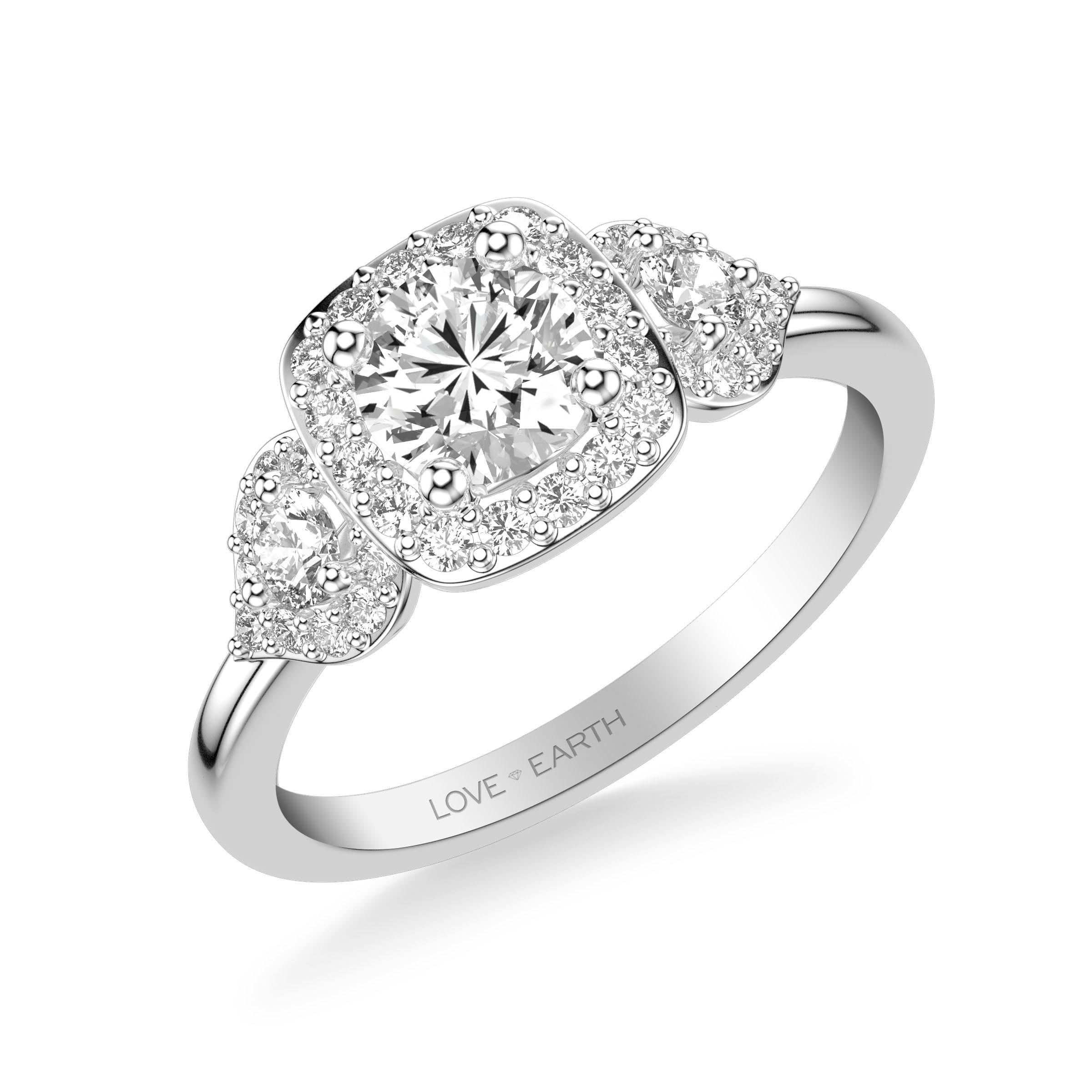 Classic Engagement Ring with 3-Stone Lab-Grown Diamond Cushion Halo with Polished Shank