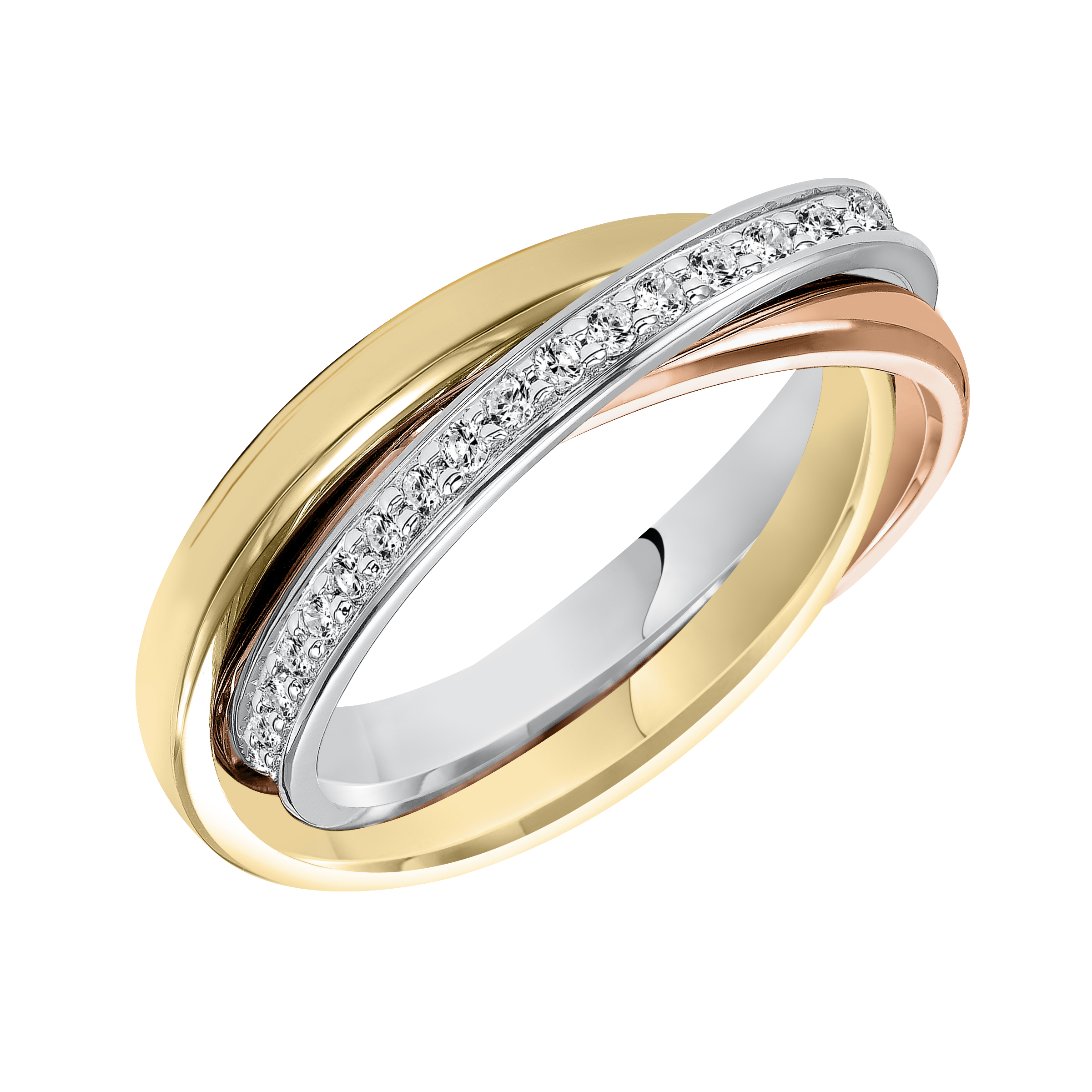 Wedding band trio with bright polished rose and yellow bands and eternity round diamond white gold band.