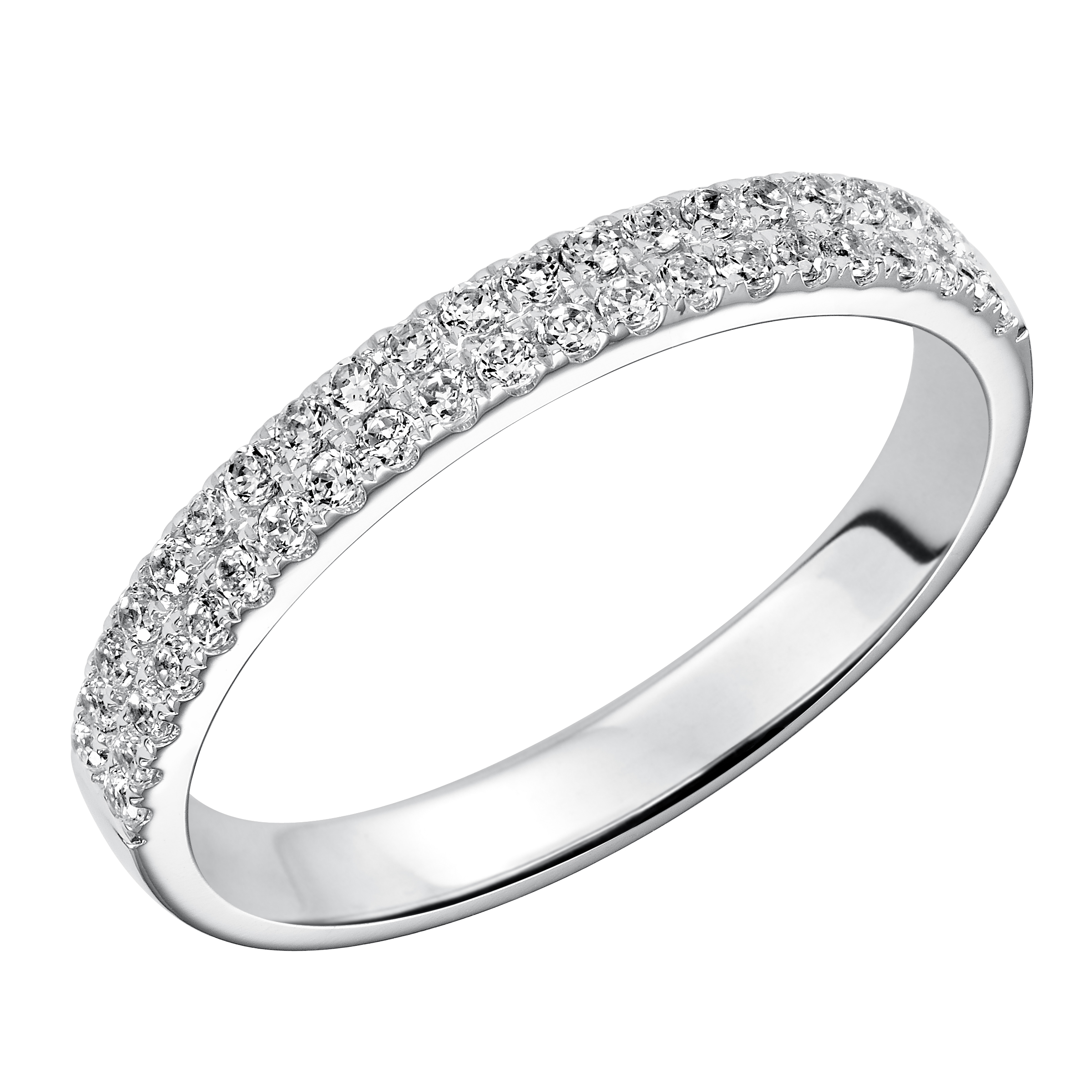 Wedding band with multi-row, round, bead set diamonds.