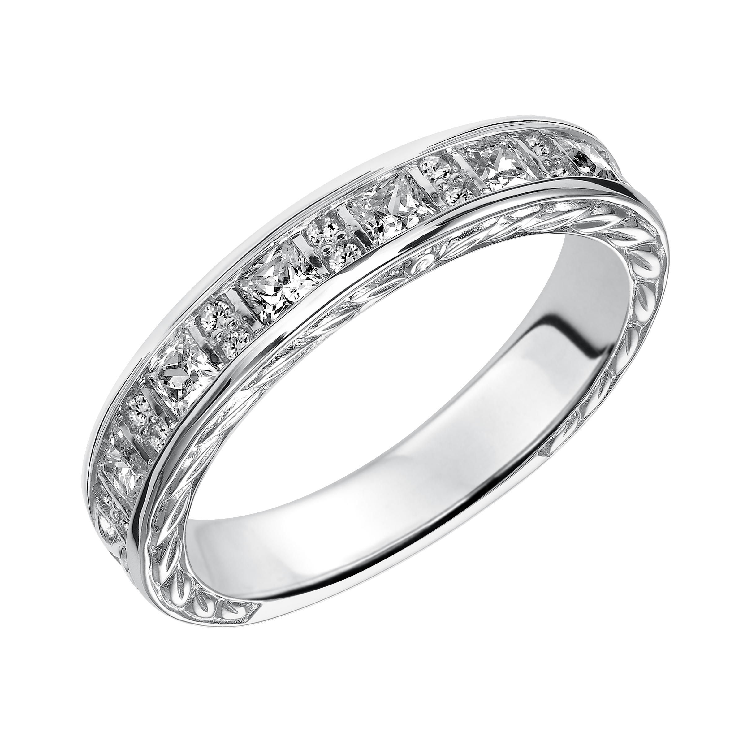 Wedding band with round and princess cut diamonds and engraved design.
