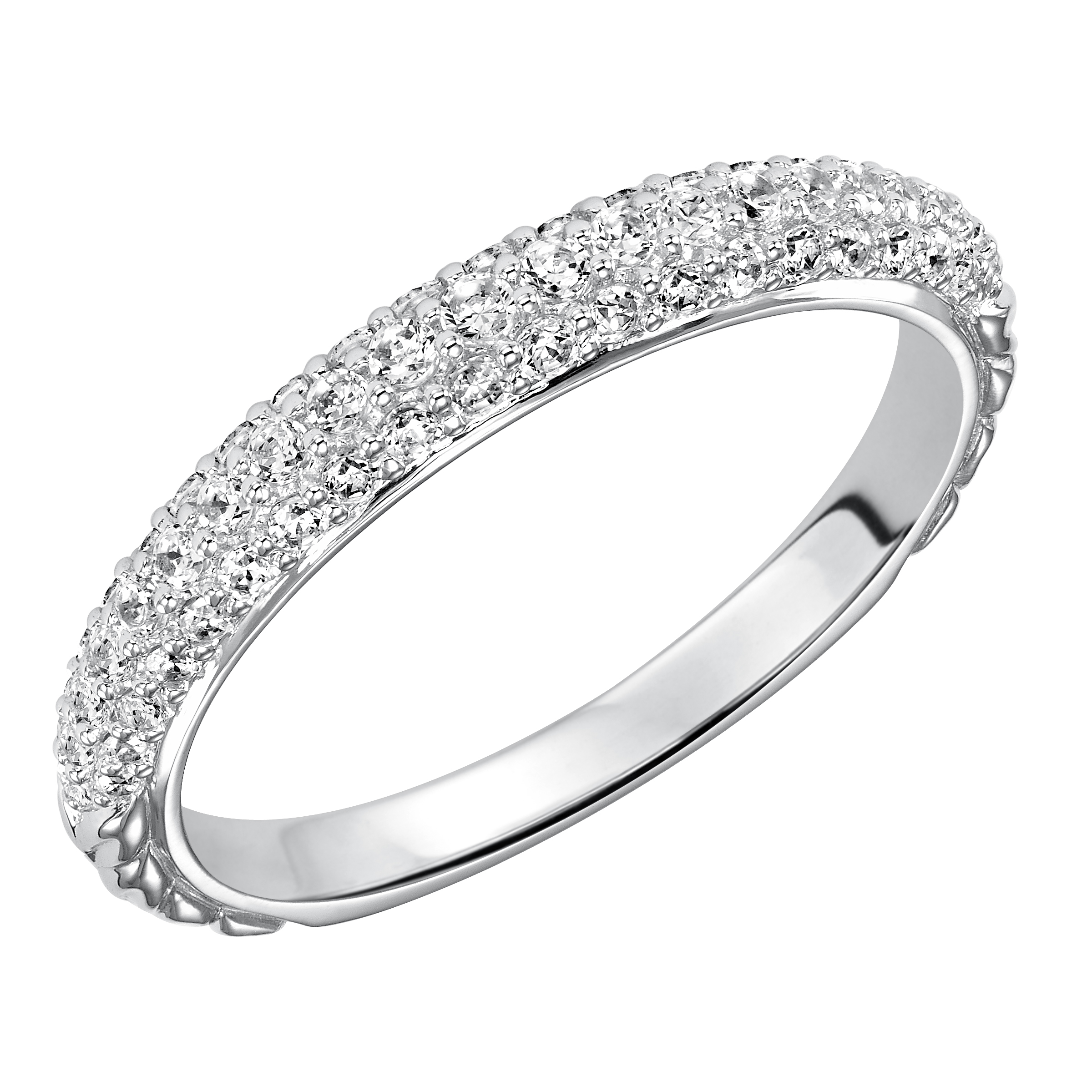 Wedding band with bead set, round diamonds and engraved design.