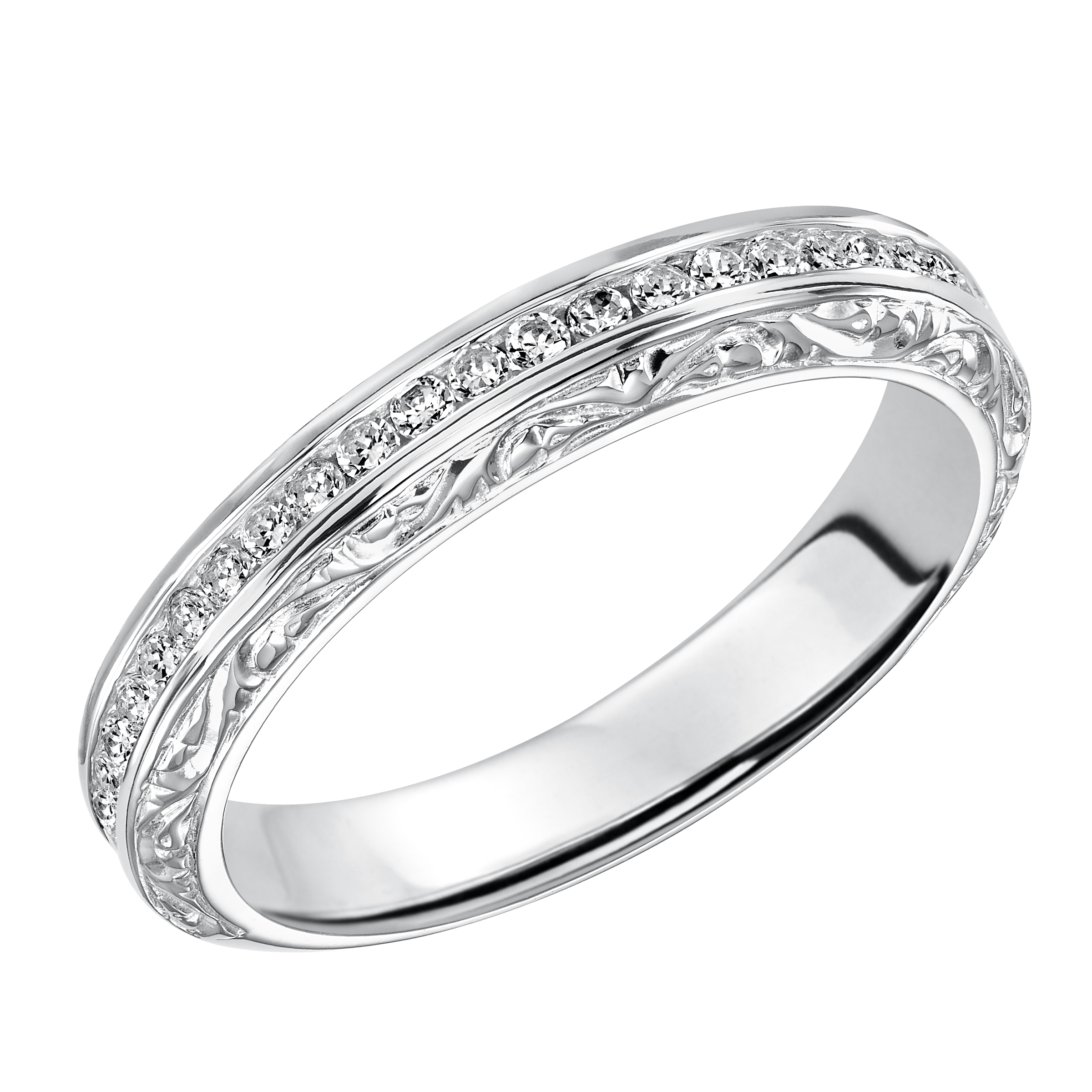 Wedding band with bead set, round diamonds and engraved design.