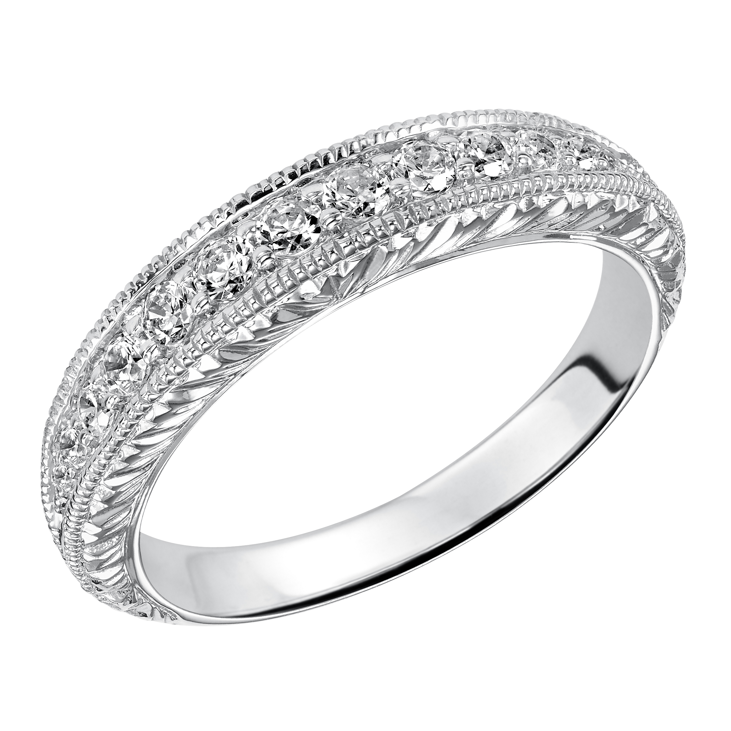 Wedding band with bead set, round diamonds, milgrain and engraved design.